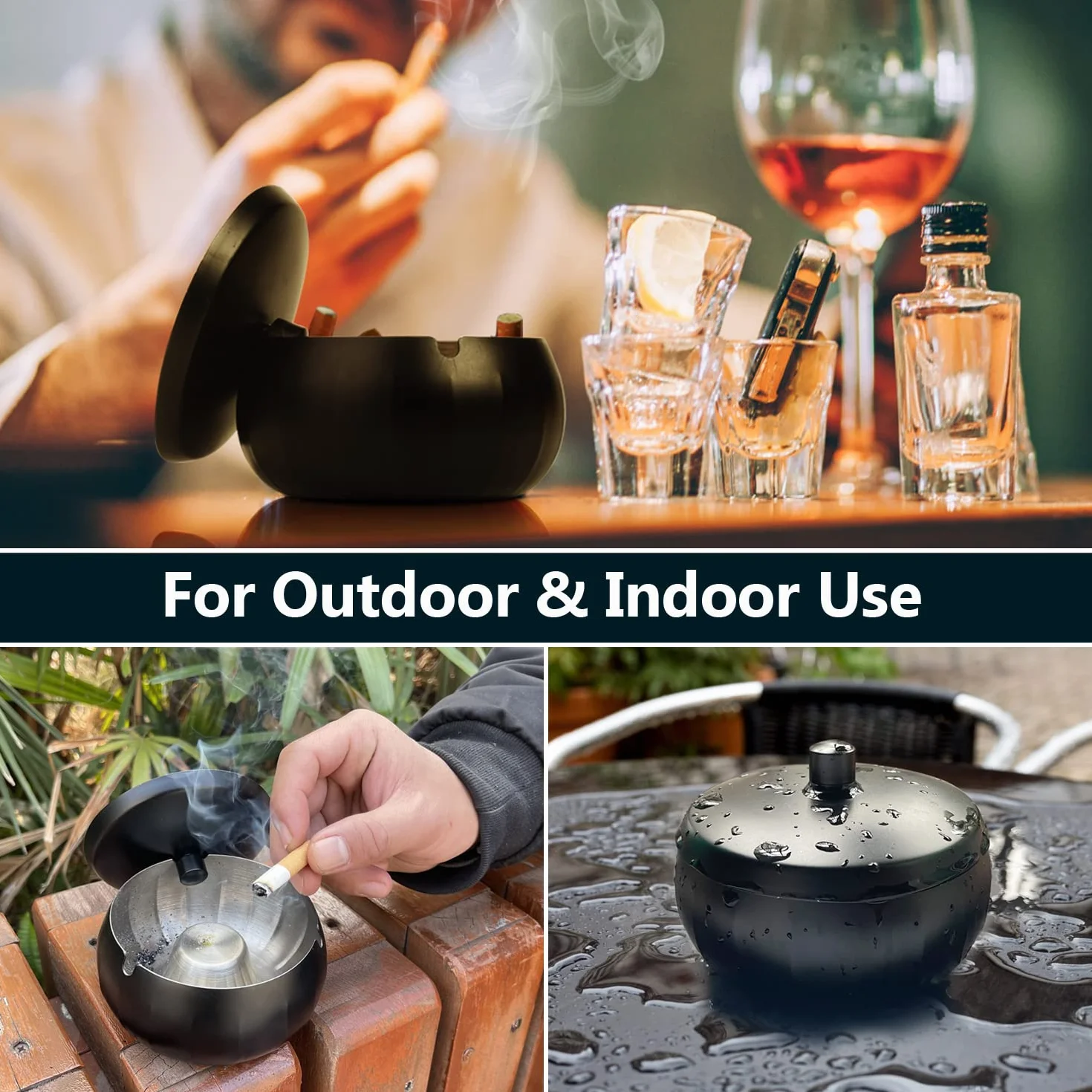Posacenere in Acciaio Inossidabile con Coperchi, Vassoio Cenere Inodore Senza Fumo, per Ufficio Casa Balcone Esterno (Nero)