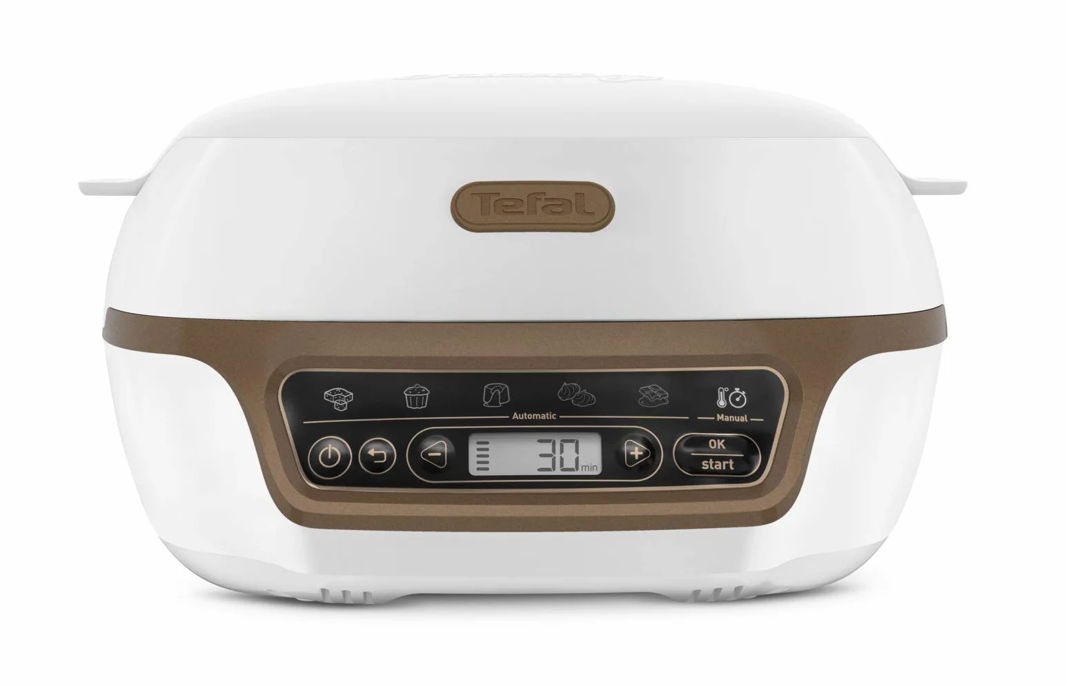 Tefal Macchina per torte, 5 programmi automatici per la regolazione, 1 modalità manuale, 3 stampi flessibili, 1 grande stampo in acciaio rivestito, compatibile con stampi Crispybake, Cake Factory+