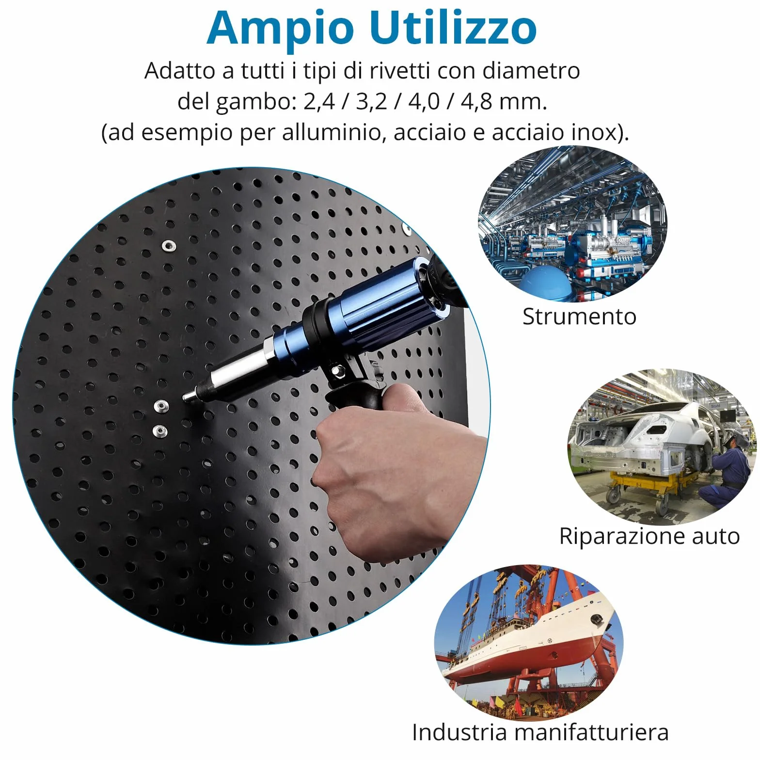 AUTOUTLET Rivetto per Trapano Avvitatore a Batteria, Adattatore Elettrico con Naselli 2,4/3,2/4,0/4,8 mm e 80 Rivetti Ciechi Alluminio Acciaio Inossidabile
