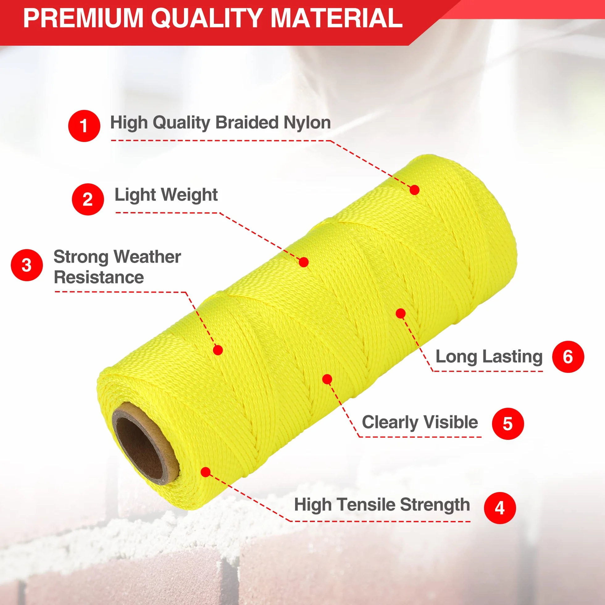 Goldblatt Filo per Muratura, Filo per Muratura in Nylon Intrecciato, Diametro 1,2 mm x 153 m, Giallo Fluo, Resistente a Intemperie e Usura, per Allineamento Pavimenti