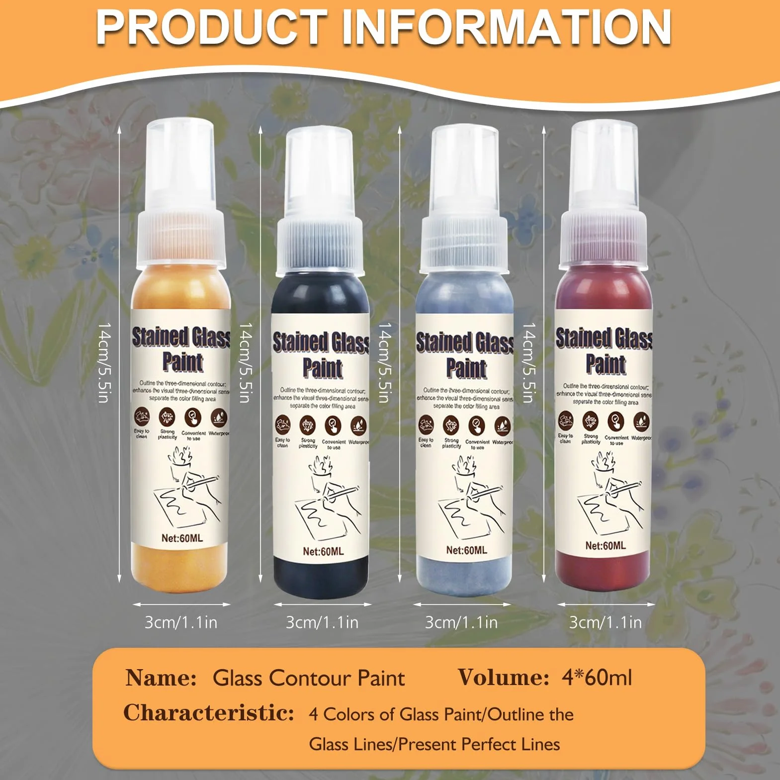 Allony Window Color per Contorni Vetrate, Vernice Glass Line, 4 Colori Vernice per Vetro, per Superfici Lisce Come Vetro, Piastrelle a Specchio - 4*60ML
