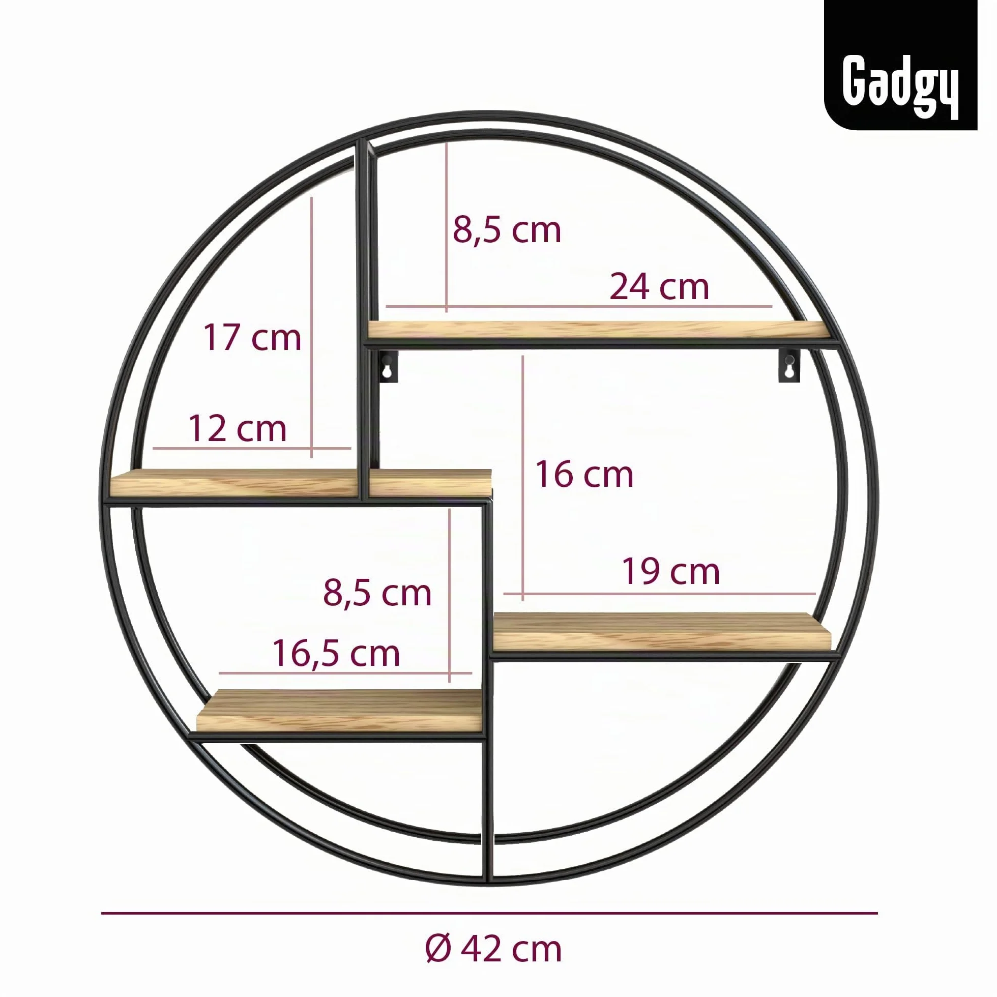 Gadgy Mensola Rotonda da Parete con 4 Ripiani - Mensola Galleggiante in Legno e Metallo Stile Industriale, Già Assemblata e Pronta da Appendere - 42 x 10 cm