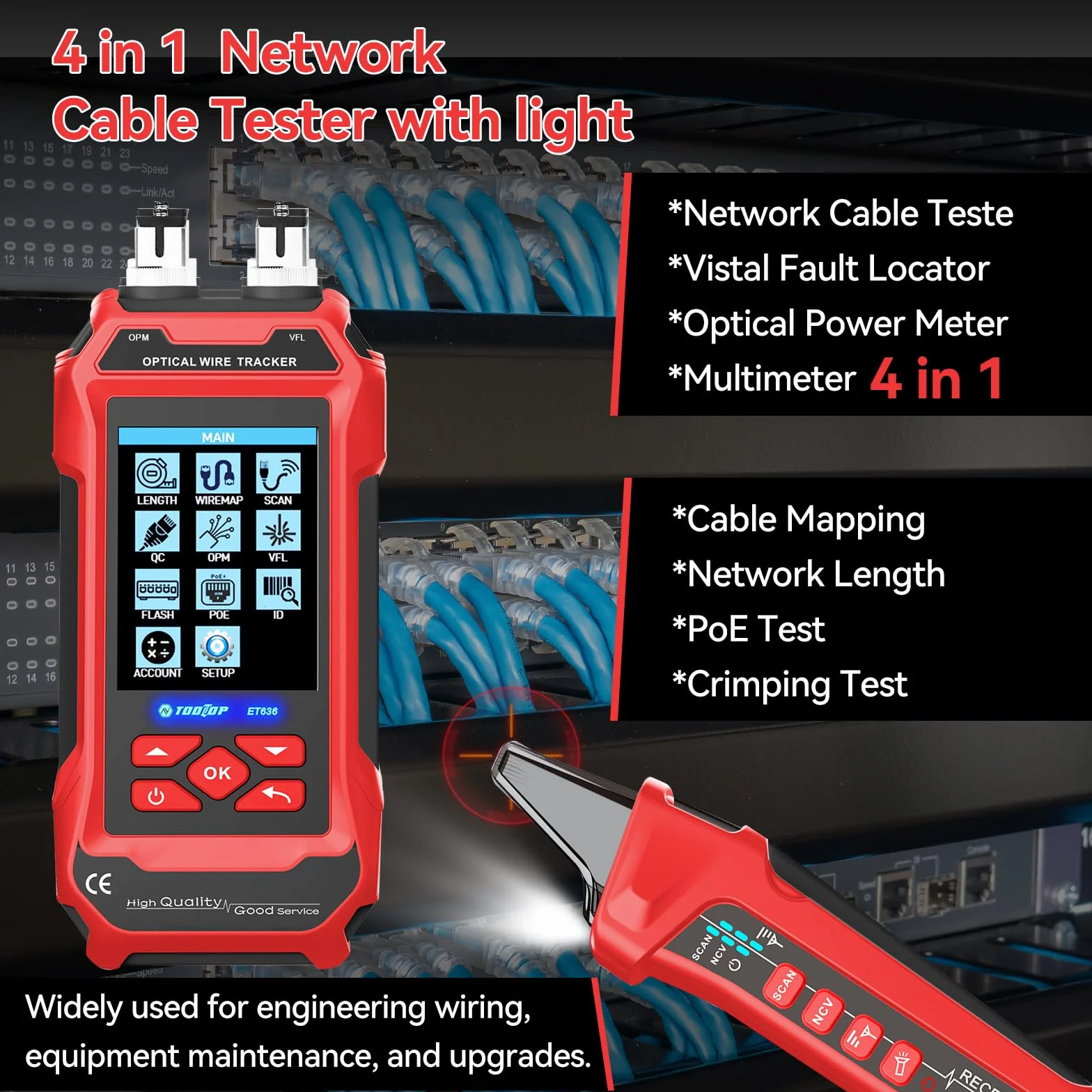 Tester per cavi di rete RJ45/RJ11/BNC – Misurazione lunghezza, rilevamento guasti, PING, PoE, tracciamento tono, display LCD multifunzione