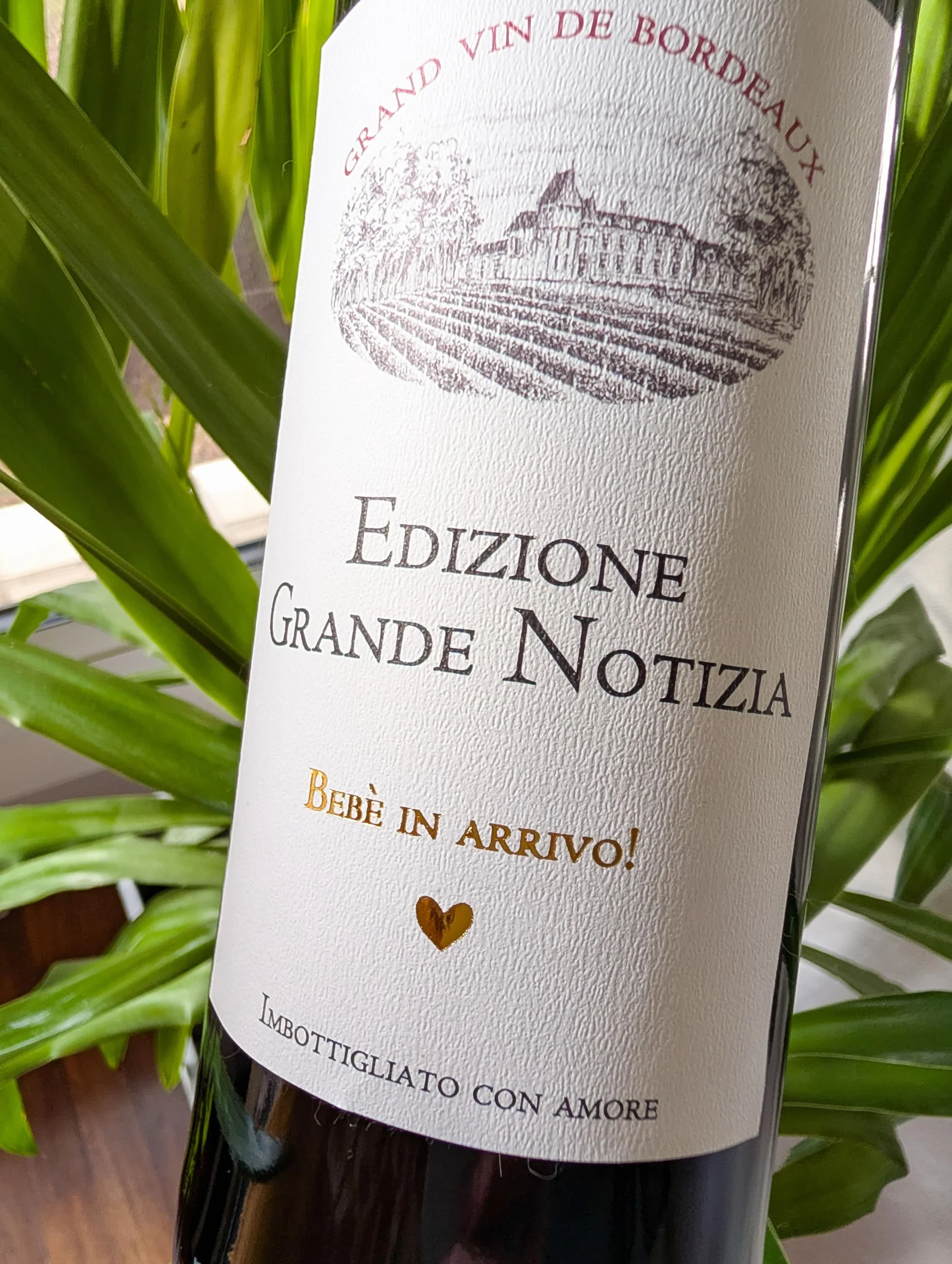 Set da 4 Etichette Bottiglia di Vino Annuncio Gravidanza "Château Grande Notizia" FunFest