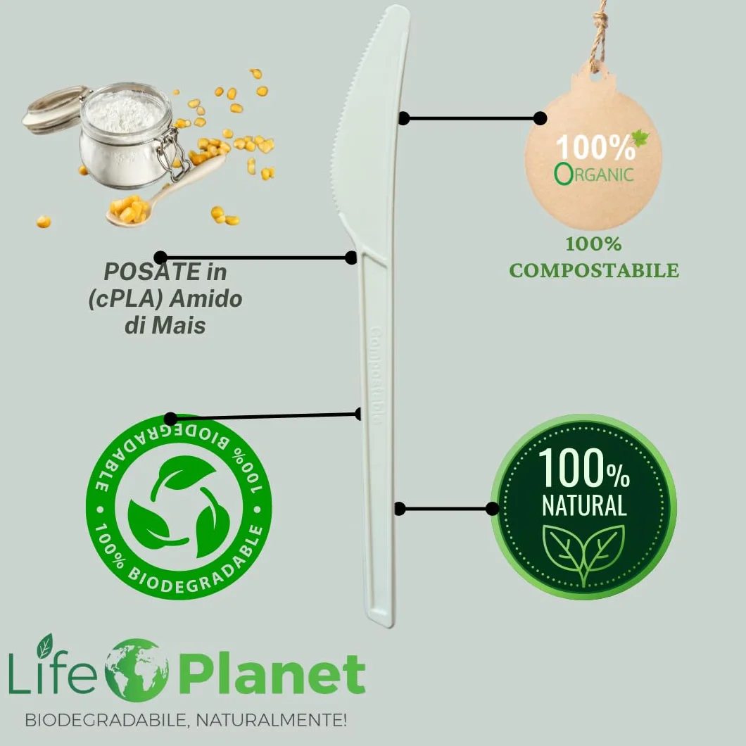 Coltelli Usa e getta in cPLA 1000, Posate Biodegradabili Compostabili, Stoviglie Monouso Naturali