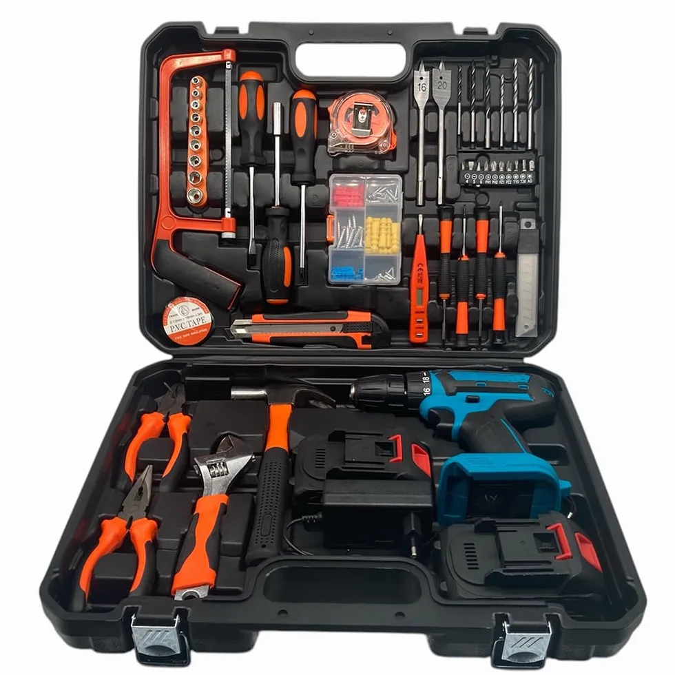 Kit Valigetta Attrezzi da 100 Pezzi con Trapano Avvitatore e Batterie da 88V con Martello Chiave Inglese Pinze e Seghetto