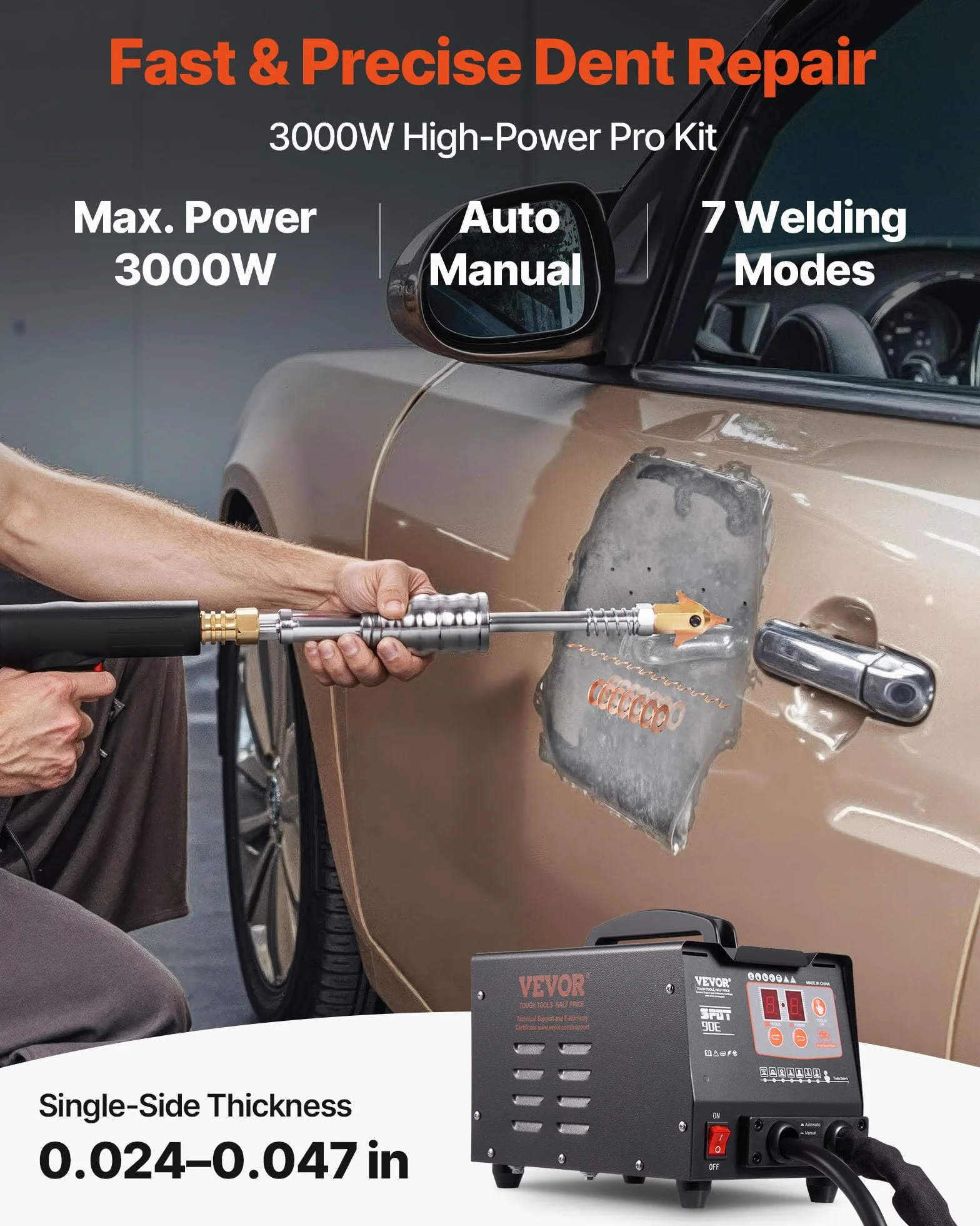 VEVOR Saldatrice a Punti Dent Puller, 3500A, Cavo in Rame Puro, Radiatore Efficiente, 2 Pistole per Saldatura, 7 modalità Disponibili, Saldatura a Induzione Automatica, Aspirazione a Vuoto 180 kg