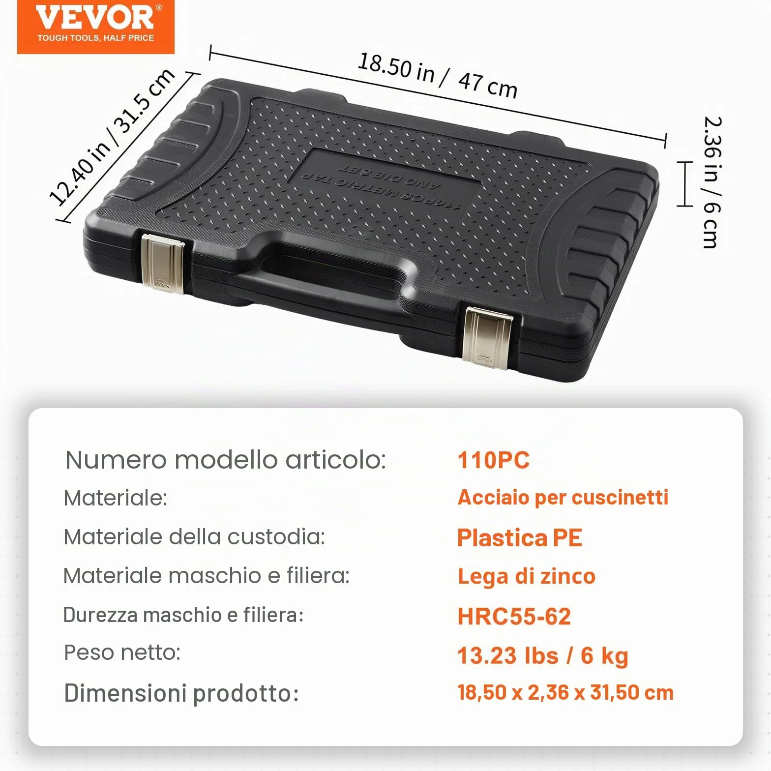 VEVOR Set di Filiere Maschi Utensili per Filettatura Misura Metrica M2-M18 110 Pezzi in Totale, Set per Rubinetti Matrici in Lega di Zinco Utensili per Filettature in Valigetta, Set Rubinetti Chiavi