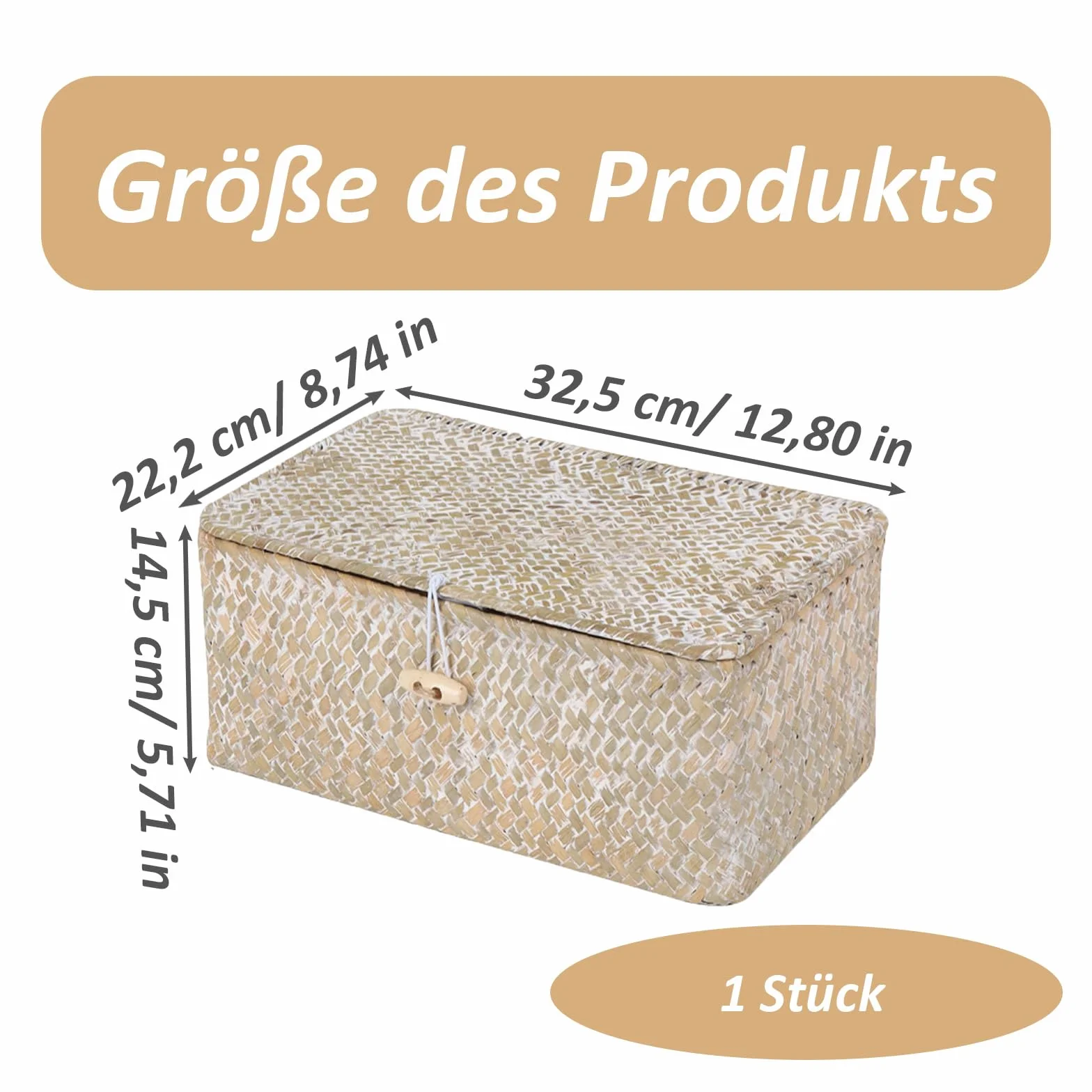 Cesto Portaoggetti in Rattan Intrecciato Rettangolare con Coperchio, Organizer Multifunzionale per Trucchi e Abbigliamento (M, Bianco)
