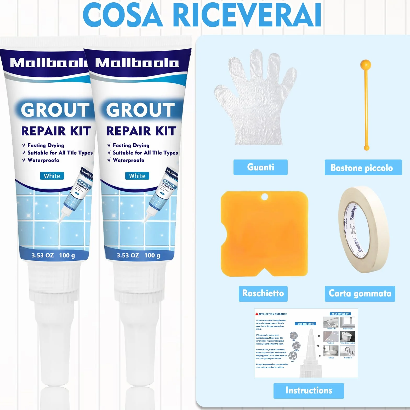 Set di Stucco per Piastrelle, Set di riparazione fughe per fughe, malta ad asciugatura rapida per piastrelle,Sigillante bagno e cucina per rinnovare le fughe (Bianco, Confezione da 2)