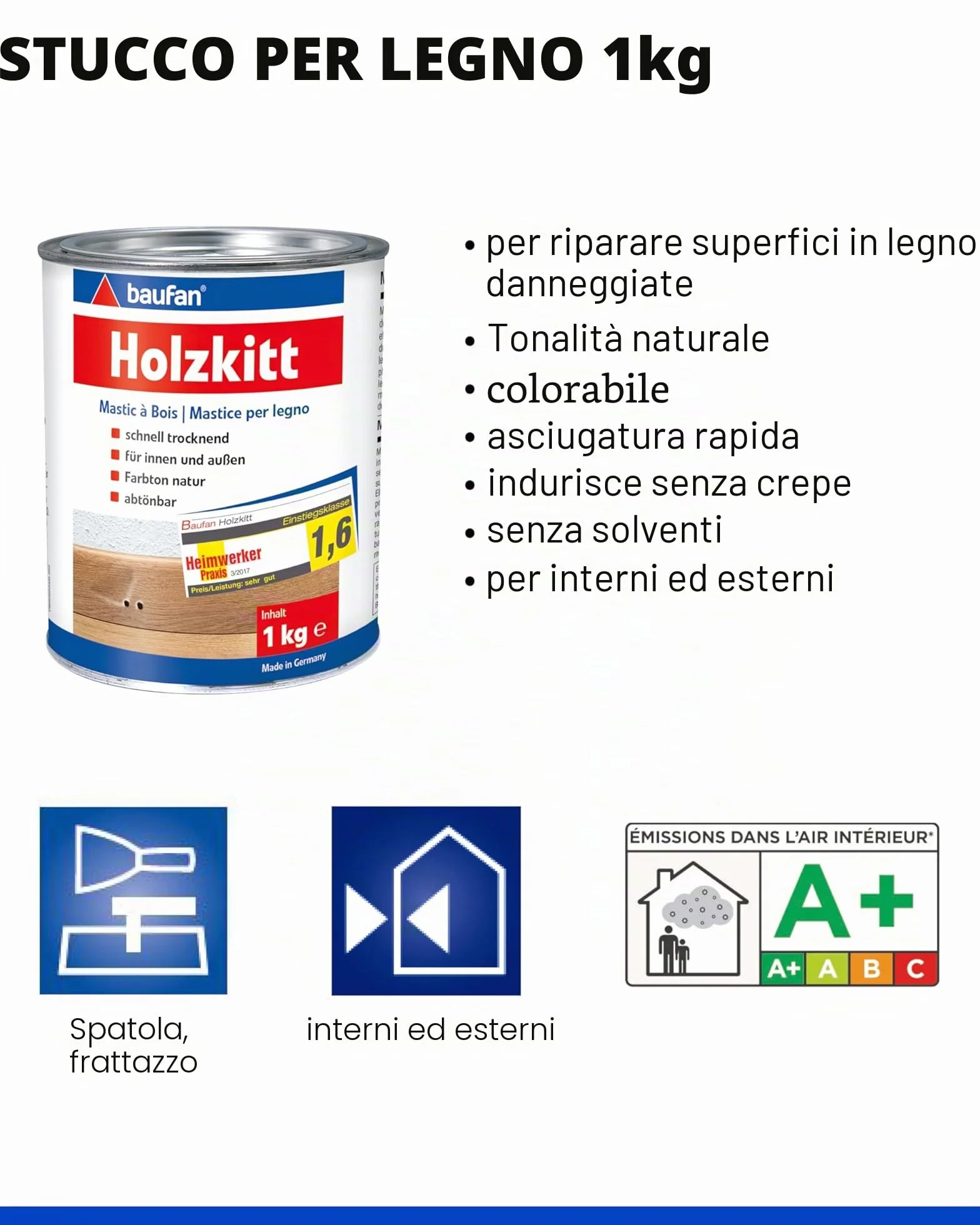 Baufan Stucco per legno 1kg | per interni ed esterni | colore naturale | tingibile | asciugatura rapida | senza solventi