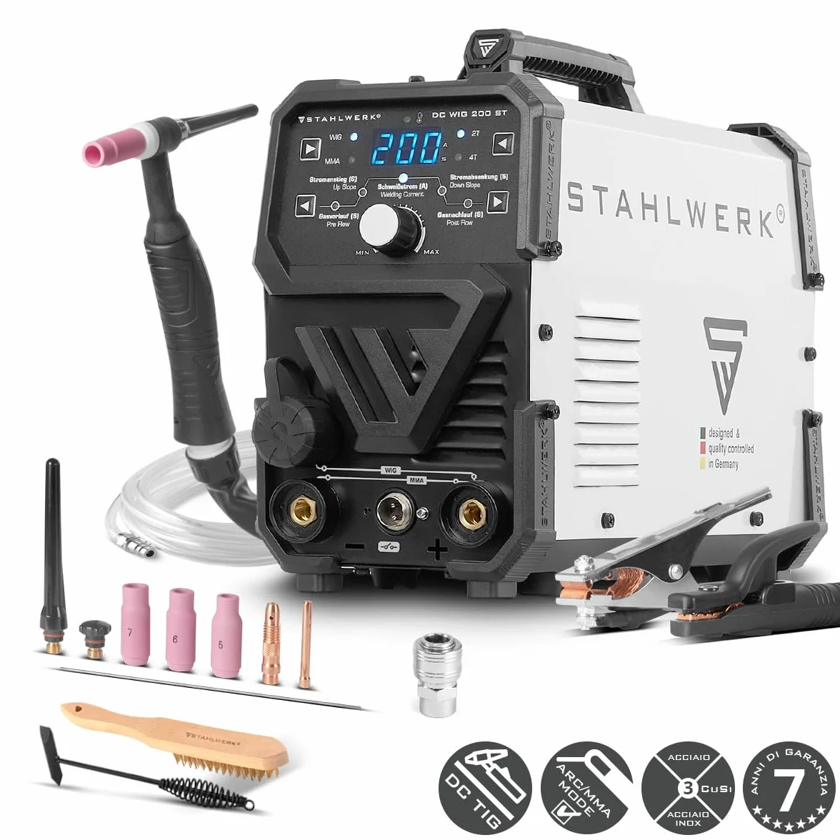 STAHLWERK Saldatrice 2-in-1 combinata DC TIG 200 ST – Funzione TIG & MMA fino a 200 A, innesco HF, Hotstart, adatta per acciaio, inox, rame e ottone, no alluminio