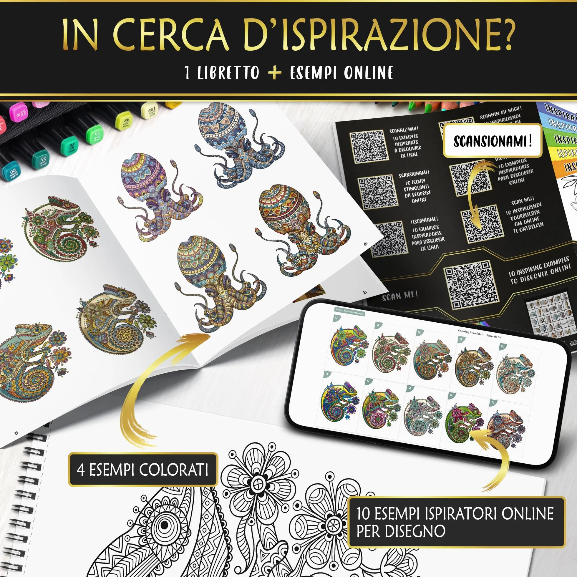 In Textu – Mandala – Animali – Libro da colorare per adulti e adolescenti con esempi colorati ispiratrici – Carta Premium 200 g/m² – rilegatura a spirale fine – quaderno per colorare e rilassarsi.