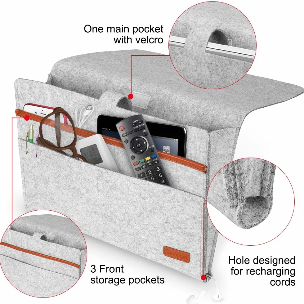 SIMBOOM Organizer per letto, 4 Tasche Portaoggetti per Letto o Divano, Borsa in feltro Comodino per iPad, Tavoletta, Riviste, Telecomando, Cellulare, Occhiali - Grigio Chiaro