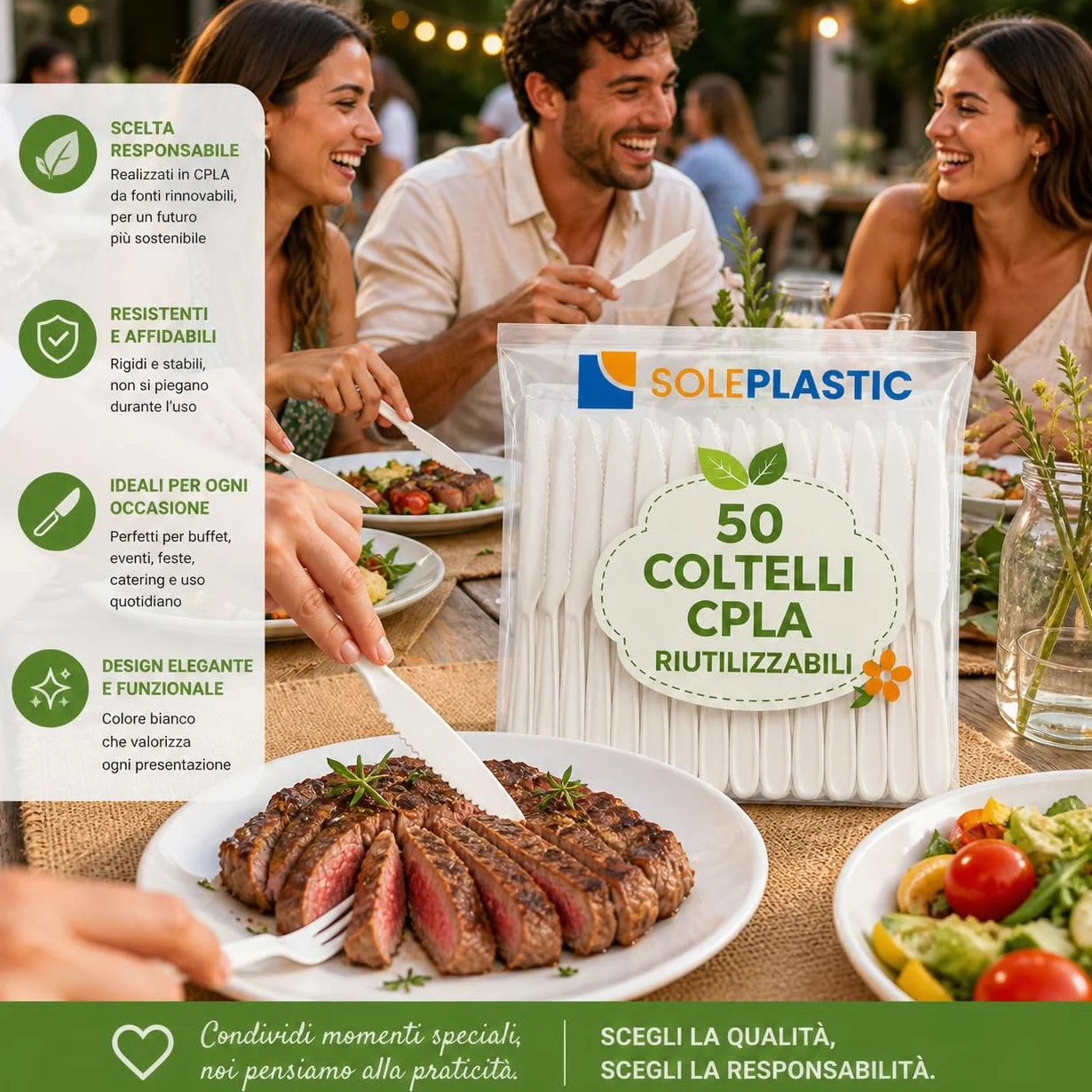 SOLEPLASTIC 50 Coltelli Riutilizzabili 16 cm Bianco Posate Ecologiche per Catering