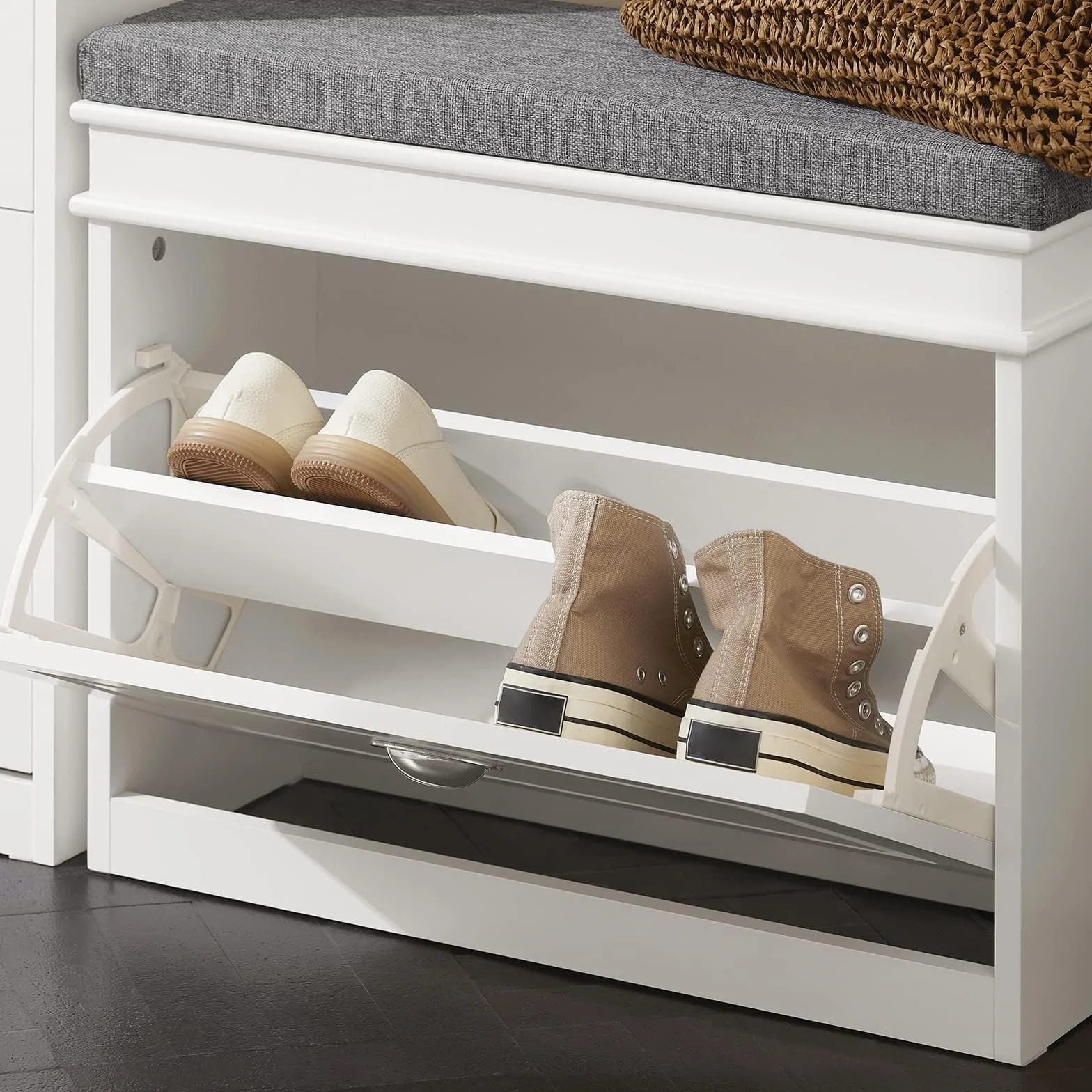SoBuy Scarpiera Salvaspazio Slim con Seduta - Panca Scarpiera da Ingresso Contenitore in Legno, Mobile Ingresso per Scarpe, Regolabile, 60x24x51 cm, Bianco, FSR82-K-W