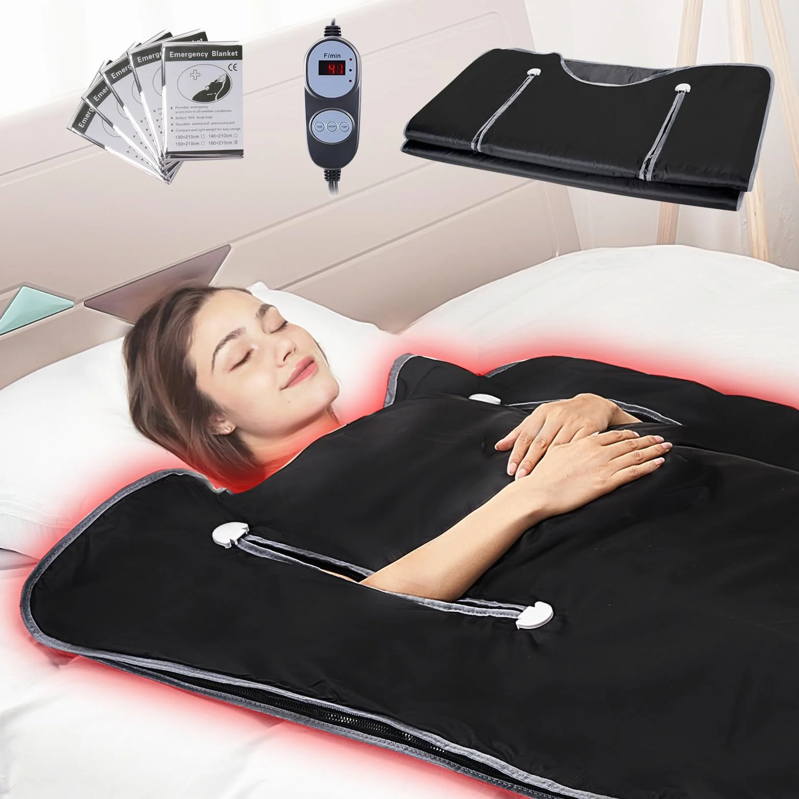 VEVOR Coperta da Sauna Riscaldamento Tessuto Oxford 180x80 cm Controllo della Temperatura & Timer, Coperta per Sauna a Infrarossi Fori per le Braccia 390W 6 Livelli di Temperatura Regolabile 45°C-80°C