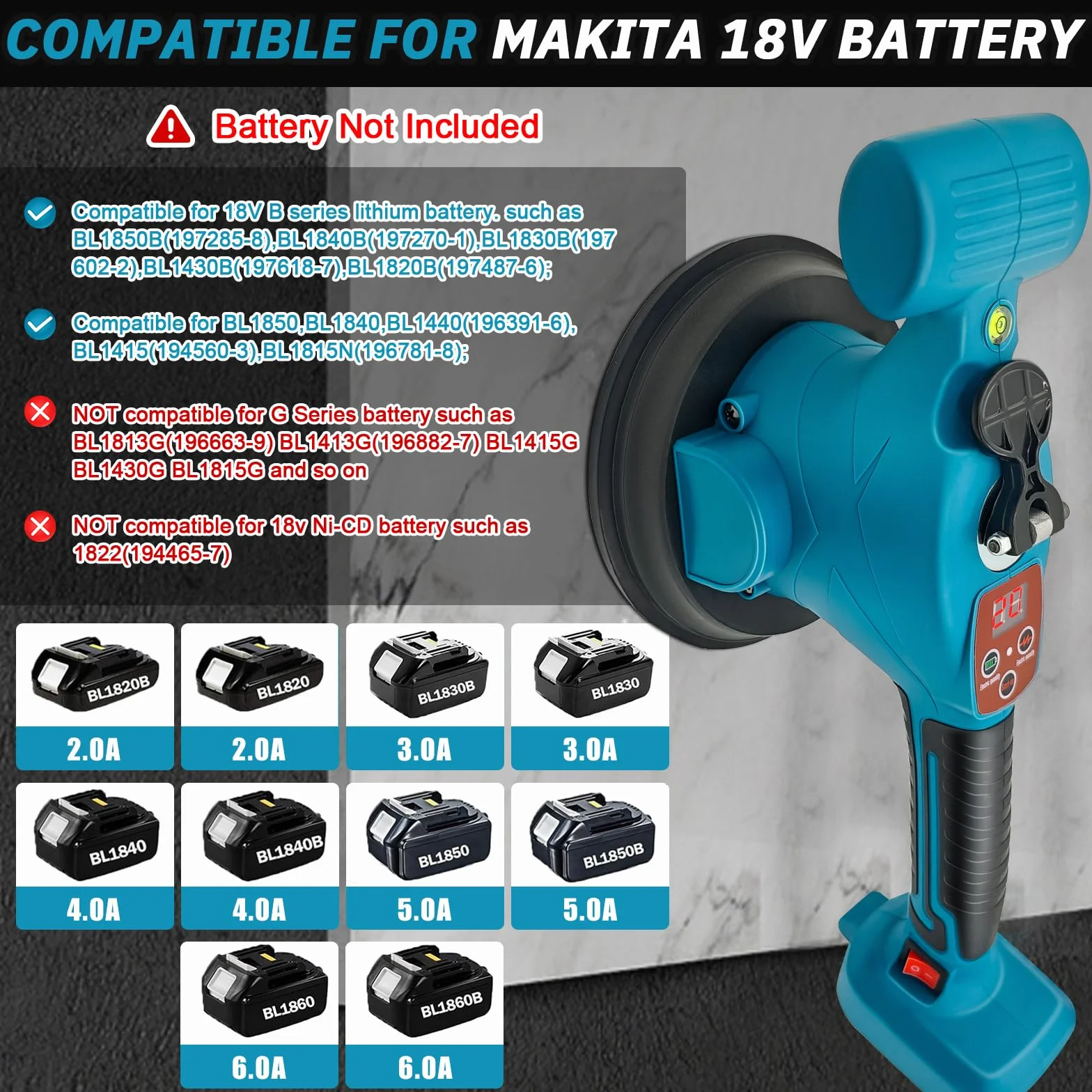Vibratore Per Piastrelle Compatibile con Makita 18V, Strumenti per Piastrelle Martelli per Piastrelle con display di potenza a LED, con 9 Velocità di Trasmissione (Batteria Non Inclusa)