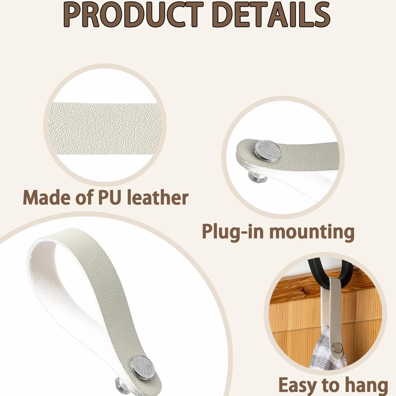 Ganci per Tessuti Senza Cuciture 8 Pezzi 15x1.2cm Pelle PU Chiusura a Bottone Ganci Asciugamani Beige
