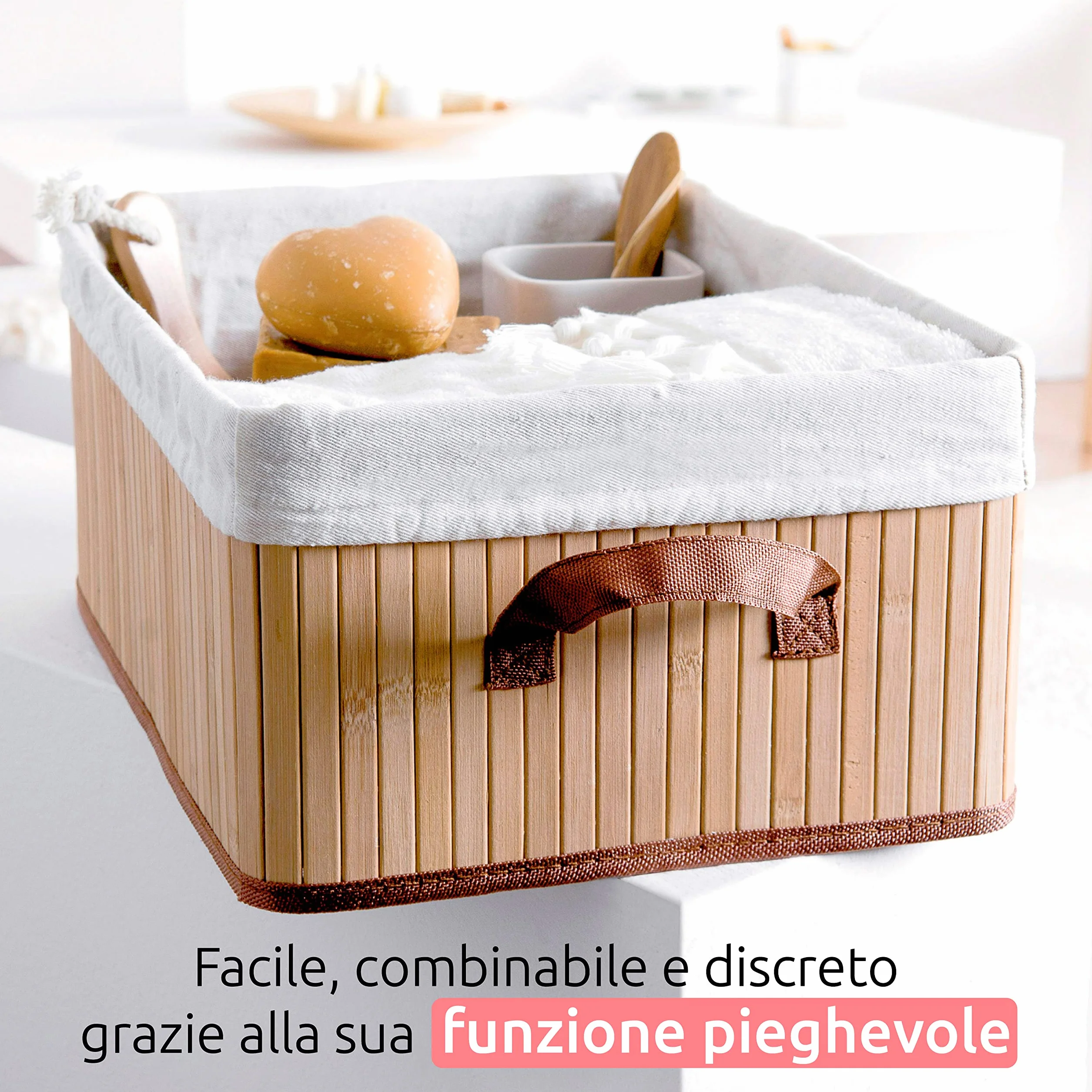 Compactor JOEY Cesto BAMBOO M, 35x25x15 cm, Naturale in Bambù e Policotone con Fodera Rimovibile