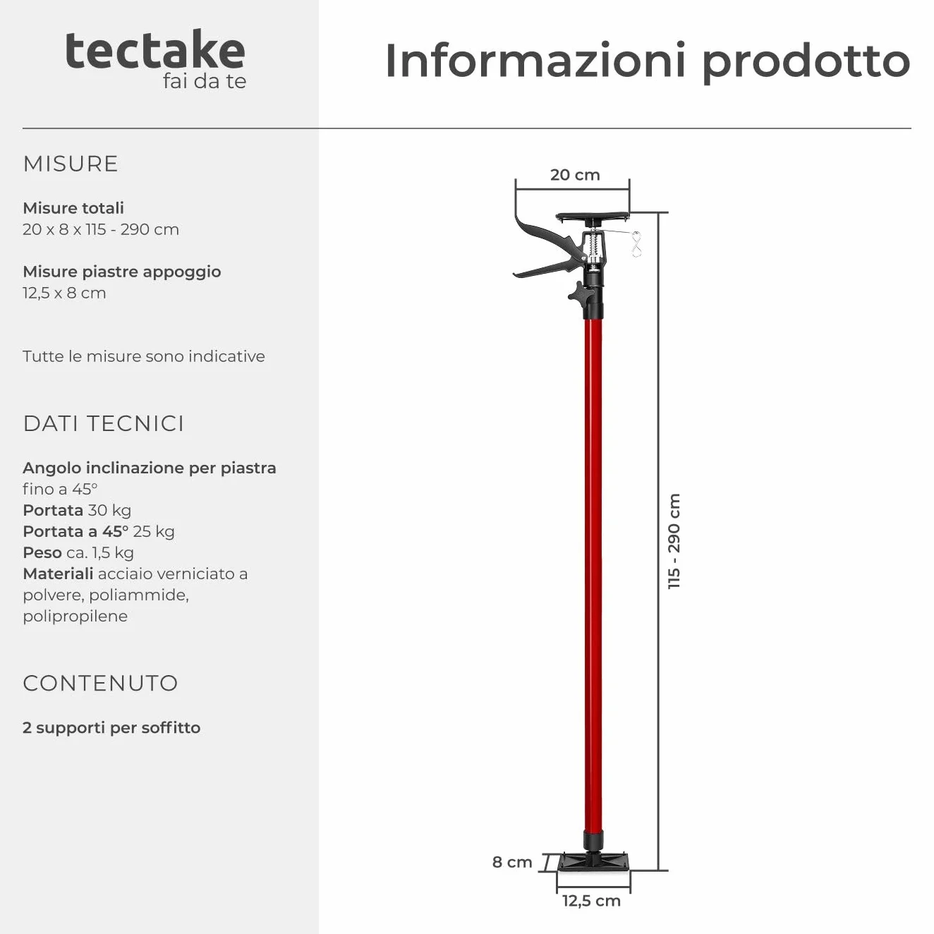 tectake® 2 Puntelli telescopici regolabili 20x8x115cm, Set 2 Pezzi Asta Telescopica fino a 290 cm, Portata 30 kg cad., Piastra di supporto antiscivolo, Supporto Solai, Cartongesso, Edilizia - Rosso