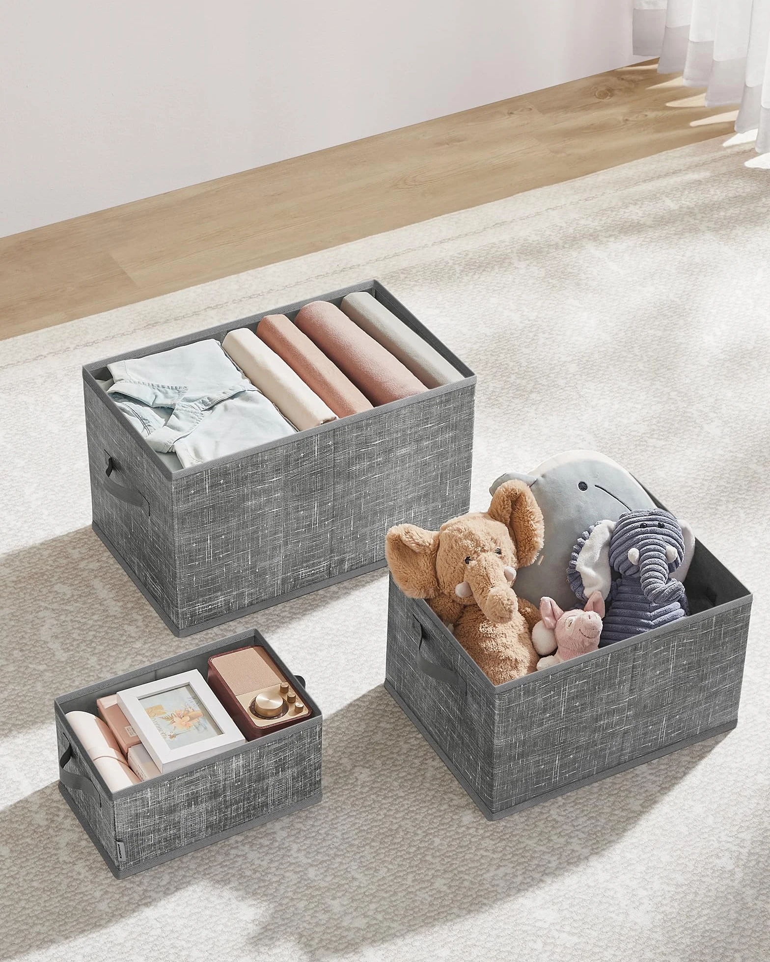 SONGMICS Scatole Portaoggetti Pieghevoli Set di 3 40 x 30 x 24 cm Organizzatori per Armadio Grigio Giunco