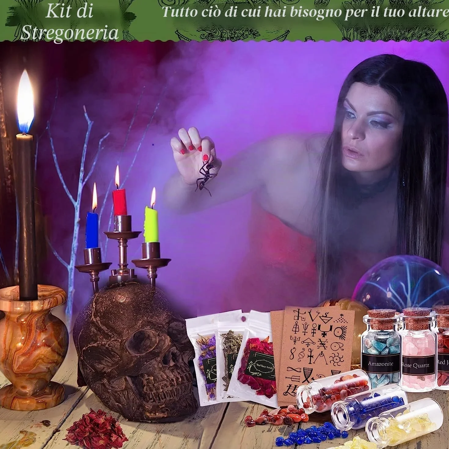 VIPNAJI Oggetti Kit 64 Pezzi Forniture per Stregoneria, per la Preghiera, Bottiglia dei Desideri di Cristallo, Fiori secchi, Materiali Medicinali,Incantesimi, Magia, wicca accessori, Kit per streghe