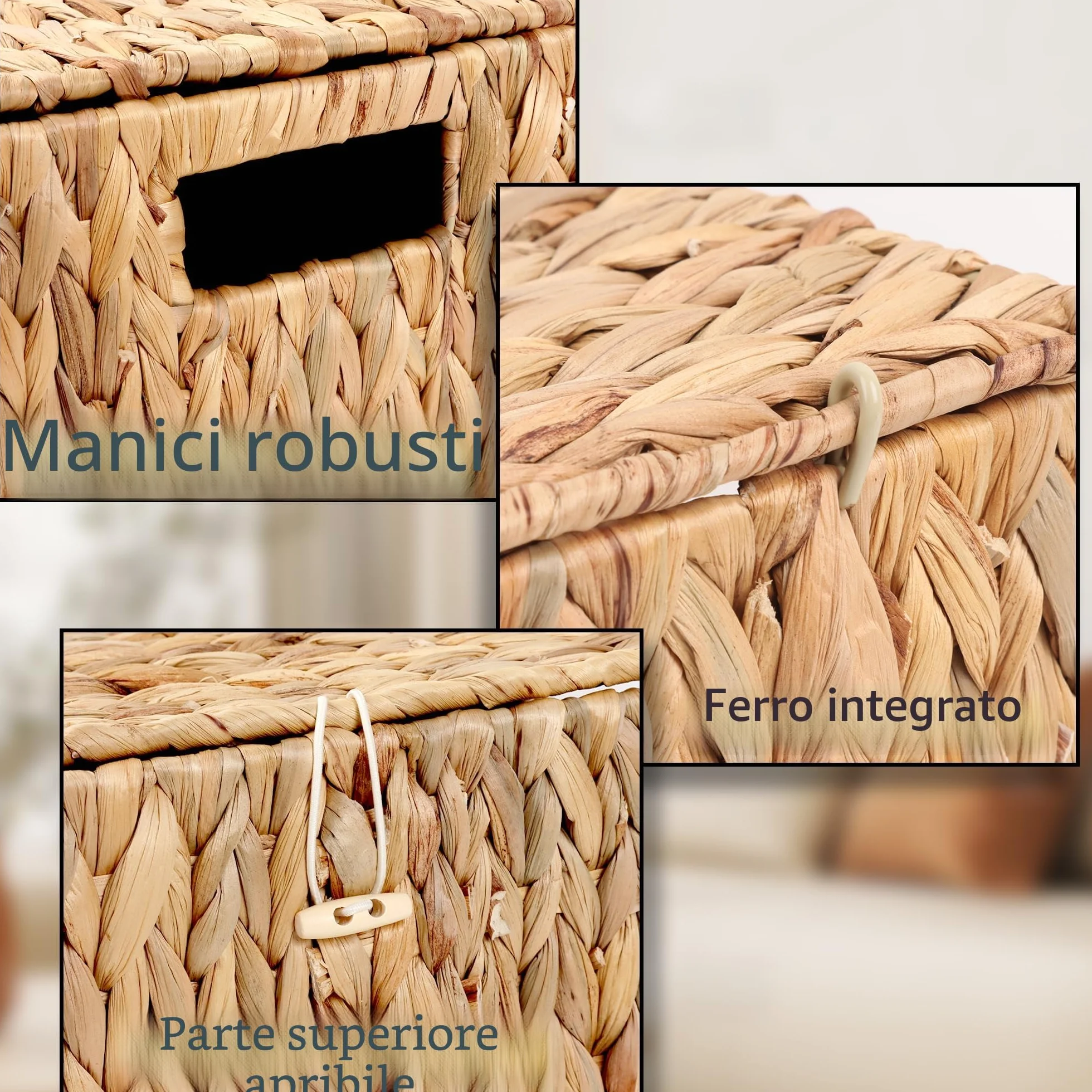 FEILANDUO - Cestini da scaffale in vimini con coperchio, cestini portaoggetti in alghe di mare, cestini portaoggetti rettangolari per casa e desktop (naturale, piccolo)
