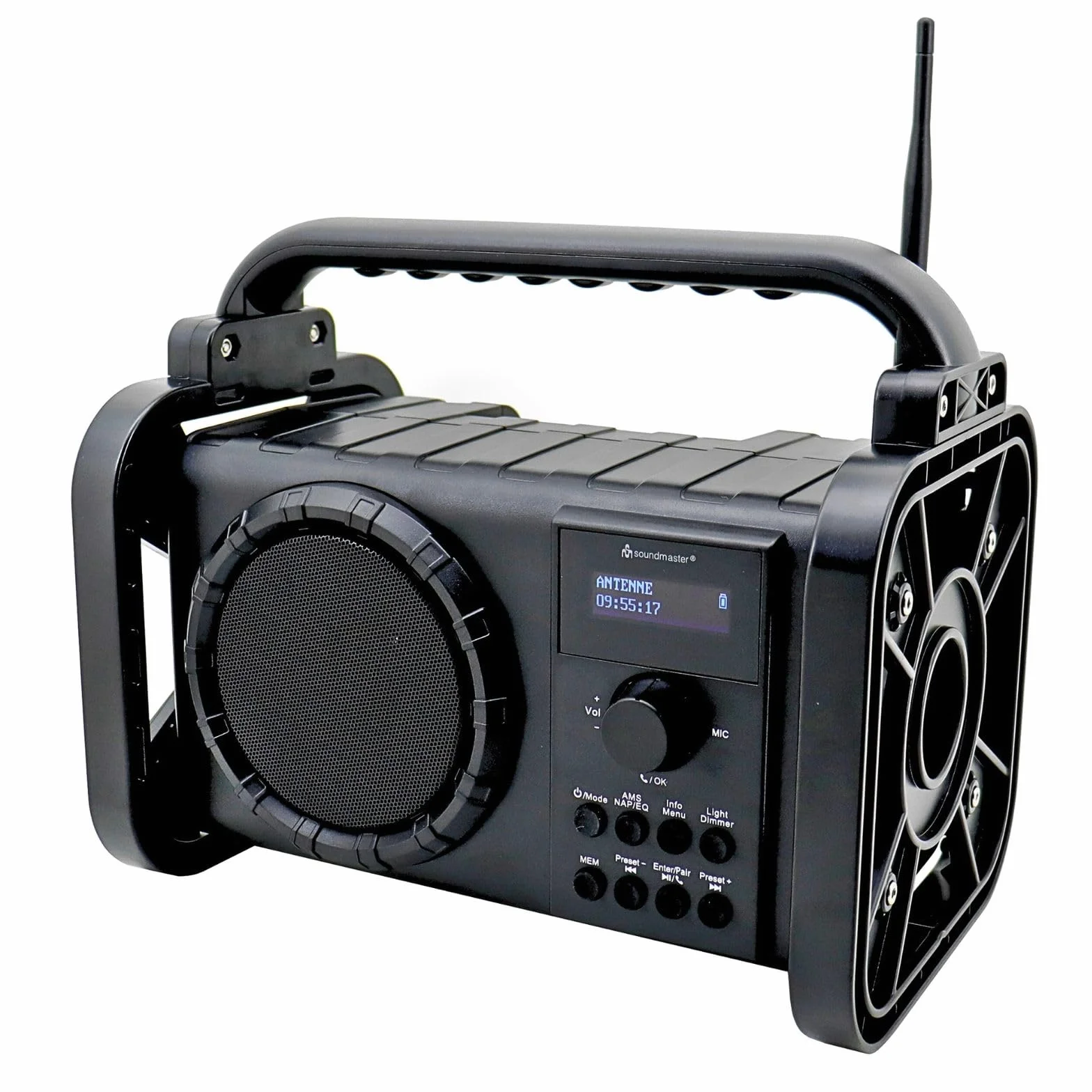Soundmaster Radio DAB80SW da cantiere con DAB+ FM Bluetooth e batteria agli ioni di litio IP44, resistente alla polvere e agli spruzzi d'acqua, Nero