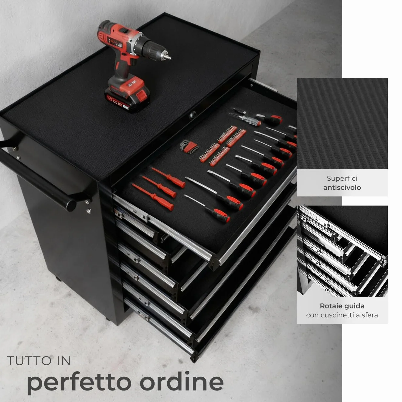 Tectake Carrello Portautensili 7 Cassetti con Ruote Nero