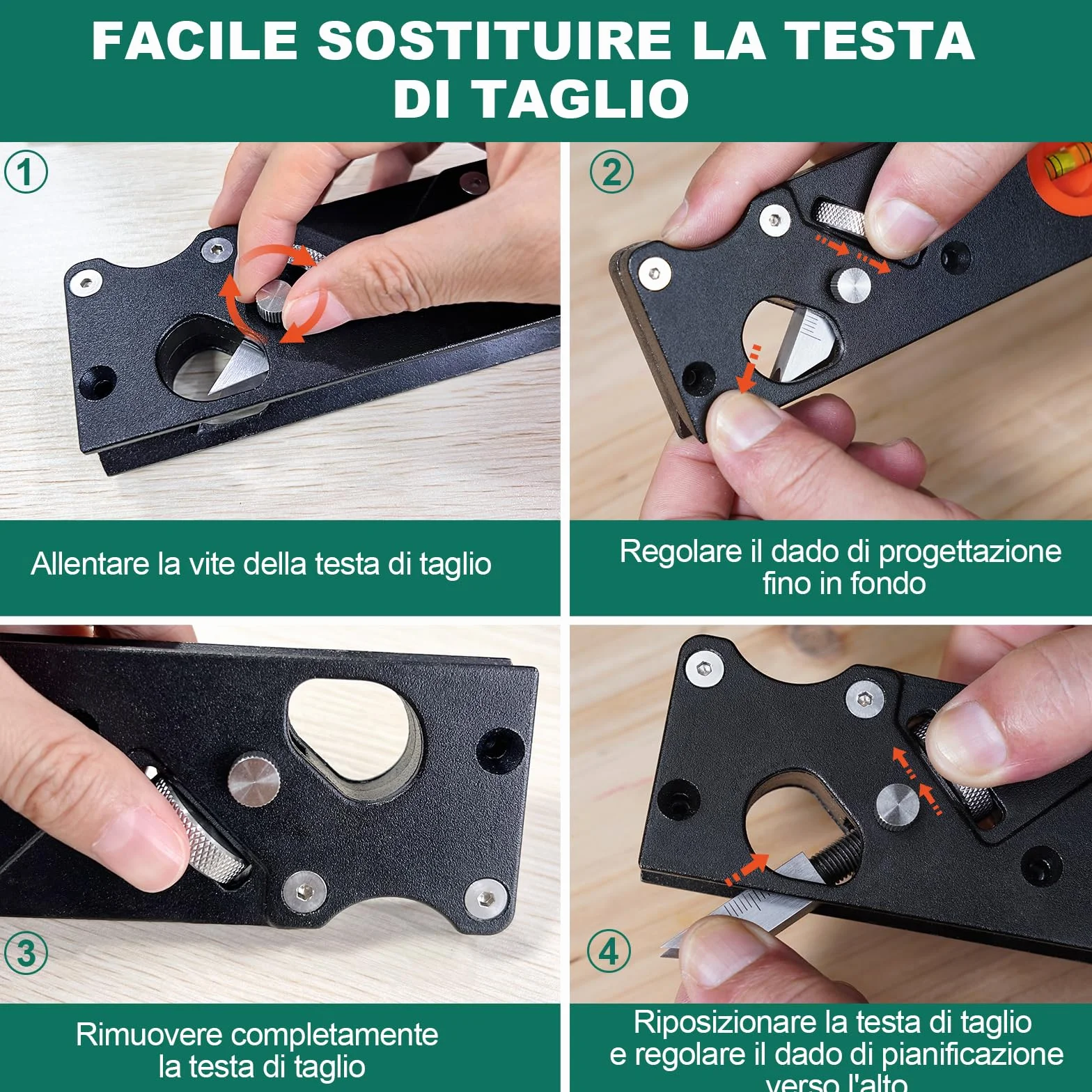 HYCHIKA Pialla per Legno con 4 lame (45°/3/5/6mm), Pialletto a Mano per Legno. Impugnatura Ergonomica, Livella a Bolla, Pialla Manuale per Legno per Falegnami e Carpentieri