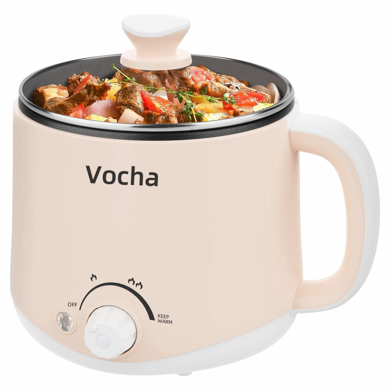 Vocha Pentola elettrica con funzione Keep Warm, padella elettrica antiaderente da 1,6 l, fornello da viaggio portatile, mini fornello multi-cottura per pasta tagliatelle, zuppe, uova sode, (beige)