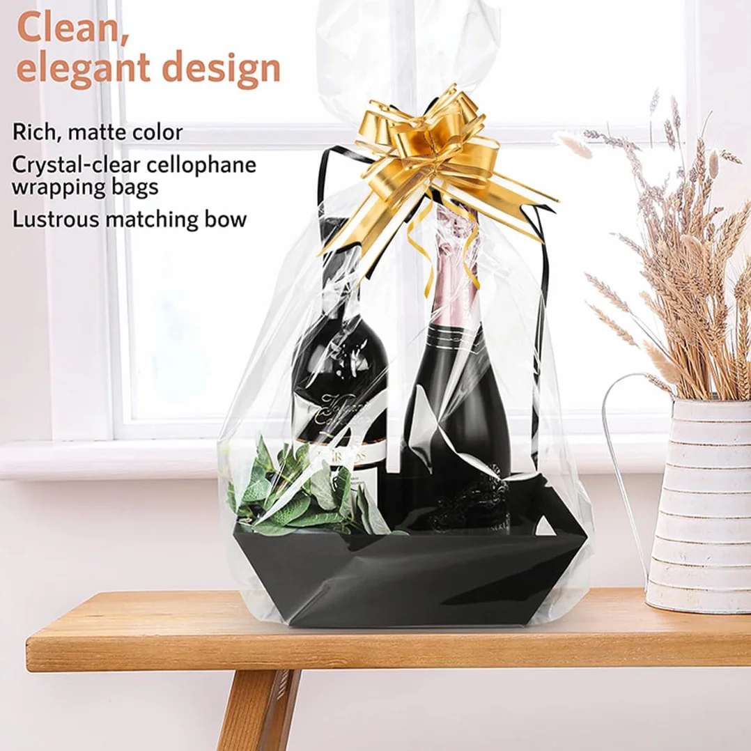 Set di Sacchetti Grandi in Cellophane per Cesti Regalo, 5 Pezzi, Inclusi 5 Fiocchi e Lacci, Trasparenti per Confezioni e Bouquet Natalizi, Cellophane Trasparenti per Regali (50 x 70 cm)