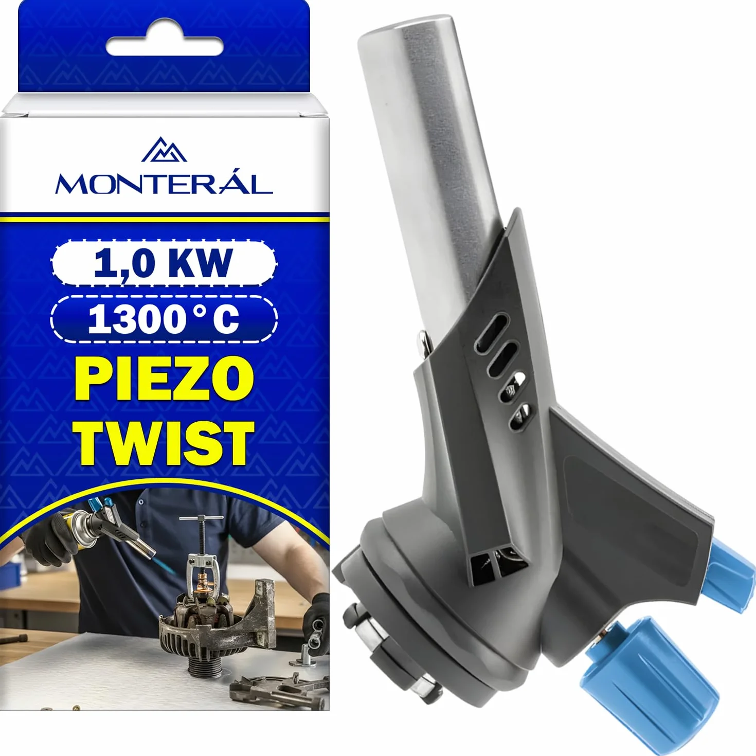 Cannello a Gas Portatile Professionale 1,0 kW 1300°C con Accensione Piezoelettrica e Attacco Tipo TWIST - Bruciatore a Gas Butano Adatto per Saldatura e Come Cannello da Cucina - MONTERAL