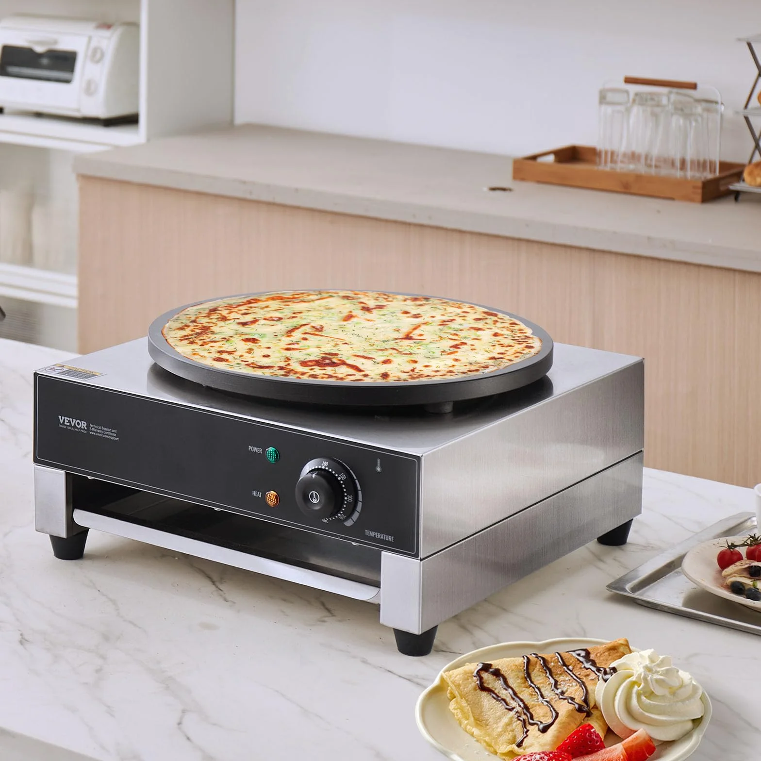 VEVOR Crepiera Elettrica, Macchina per Crepes Commerciale a Testa 406 mm, Piastra Crepes Piastra Piana 1700 W, Macchina in Acciaio Inox Antiaderente, Fornello Circolare, Controllo per Temperatura
