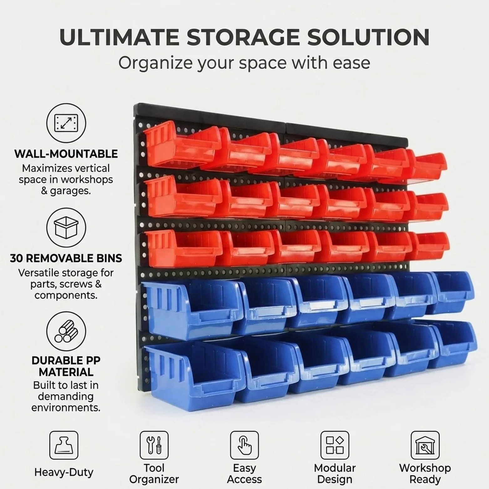 30 Scatole Portaoggetti con Pannello Forato, Scaffale per Componenti Facilmente Accessibile, Organizer per Utensili, Forniture per Ufficio, Garage, Rosso Blu
