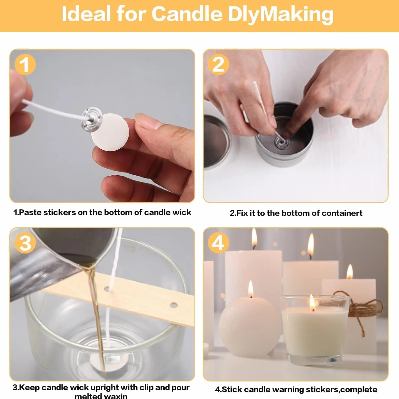 Stoppini per Candele, 100 Pezzi, stoppini per Candele, 5 cm, stoppini Naturali con Porta stoppino in Legno e Adesivi per stoppini su Entrambi i Lati, per la Produzione di Candele