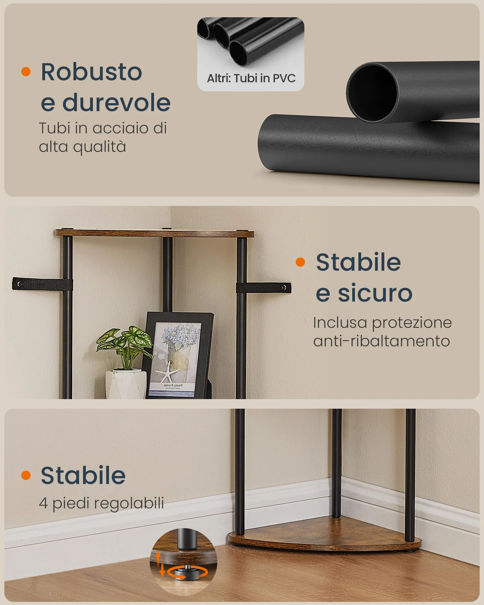 SONGMICS HOME Montaggio Super Veloce Senza Attrezzi, Scaffale Angolare a 5 Ripiani, Scaffale Autoportante, 38,3 x 27 x 139 cm, per Soggiorno, Camera da Letto, Cucina, Marrone Vintage LBC610K01