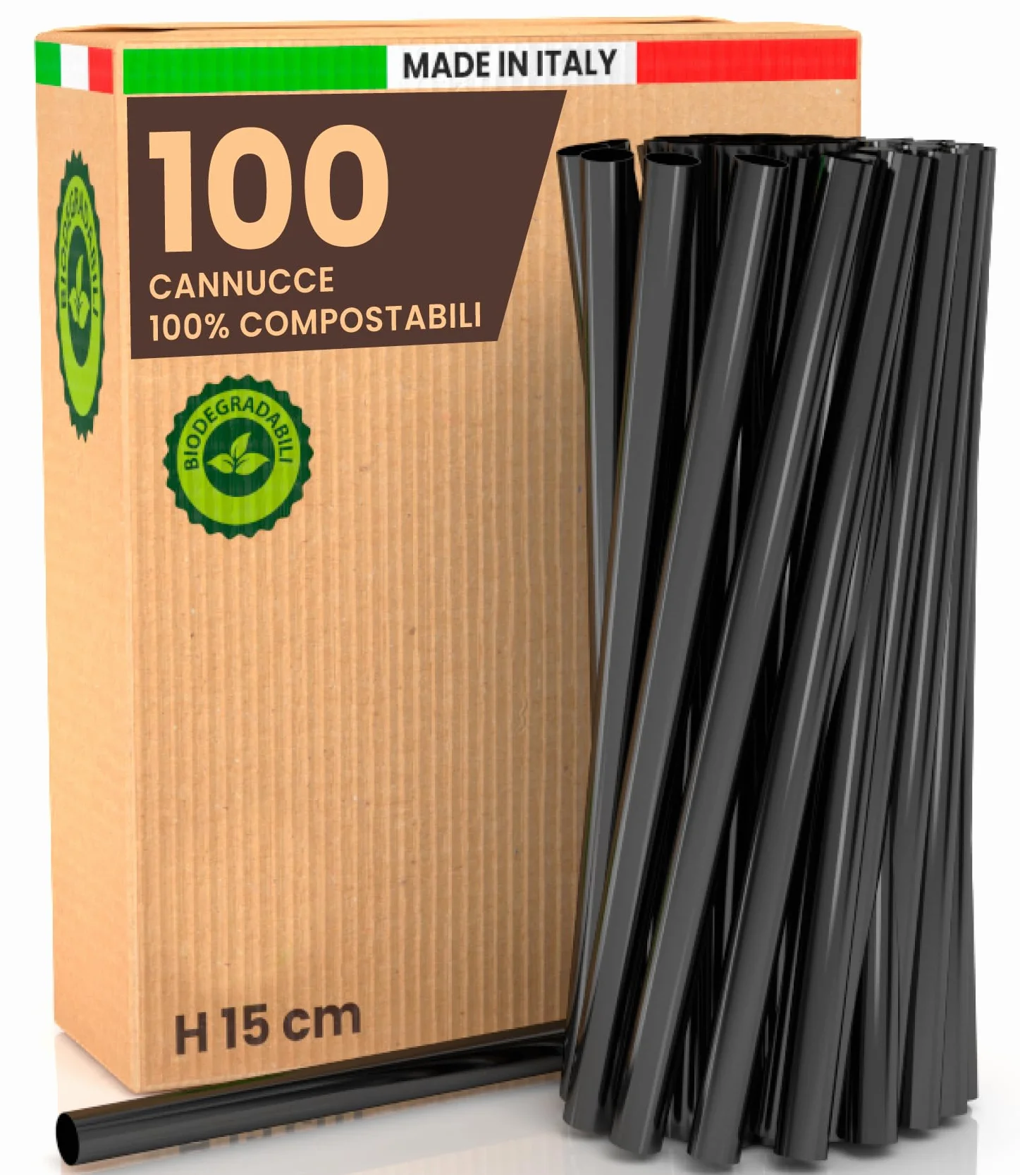 Cannucce Larghe Jumbo Nero 15 cm x 8 mm - 100% Biodegradabili Compostabili Riutilizzabili Made in Italy