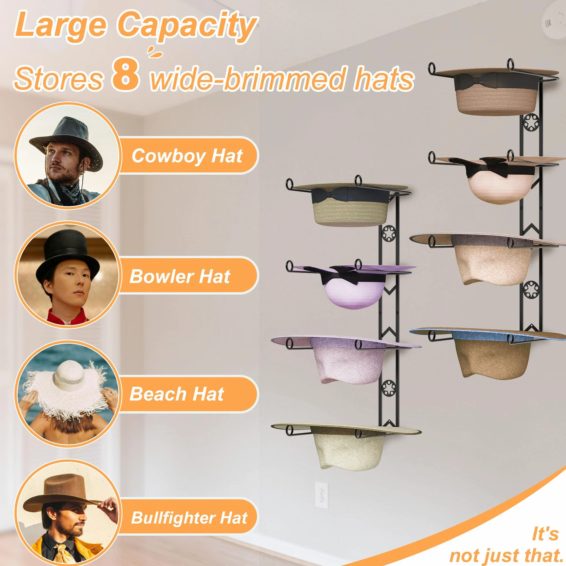 4 ganci per cappelli da cowboy, da parete, con stella decorativa, in metallo, per cappelli da cowboy, spiaggia, Fedora, cappelli da sole (nero)