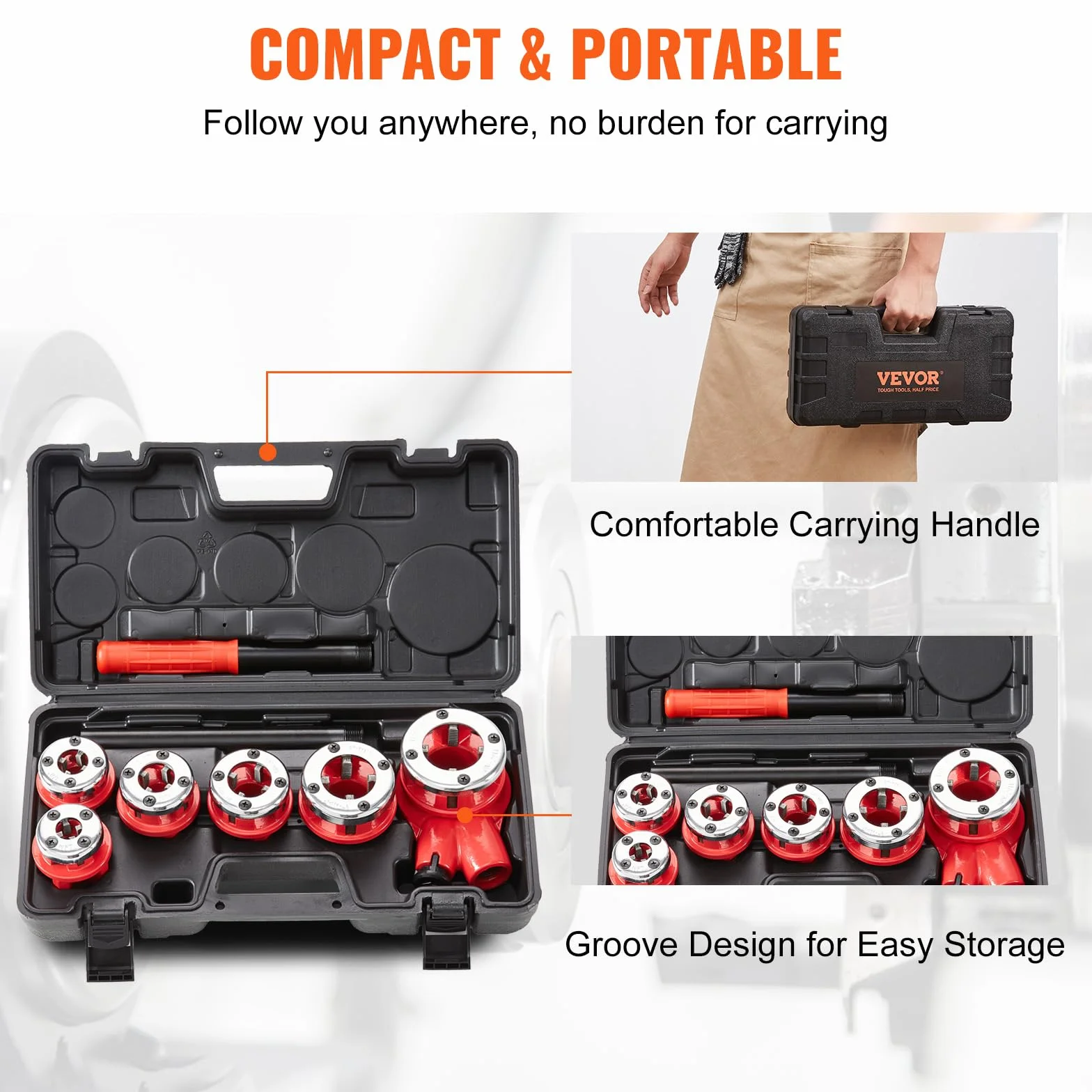 VEVOR Kit di Filettatura dei Tubi con Cricchetto Set di 6 Matrici 1/4" NPT-1-1/4" NPT Teste Idrauliche Manuali Portatili in Valigetta per Tubi, Kit di Strumenti per Filettare Tubi a Cricchetto Manuale