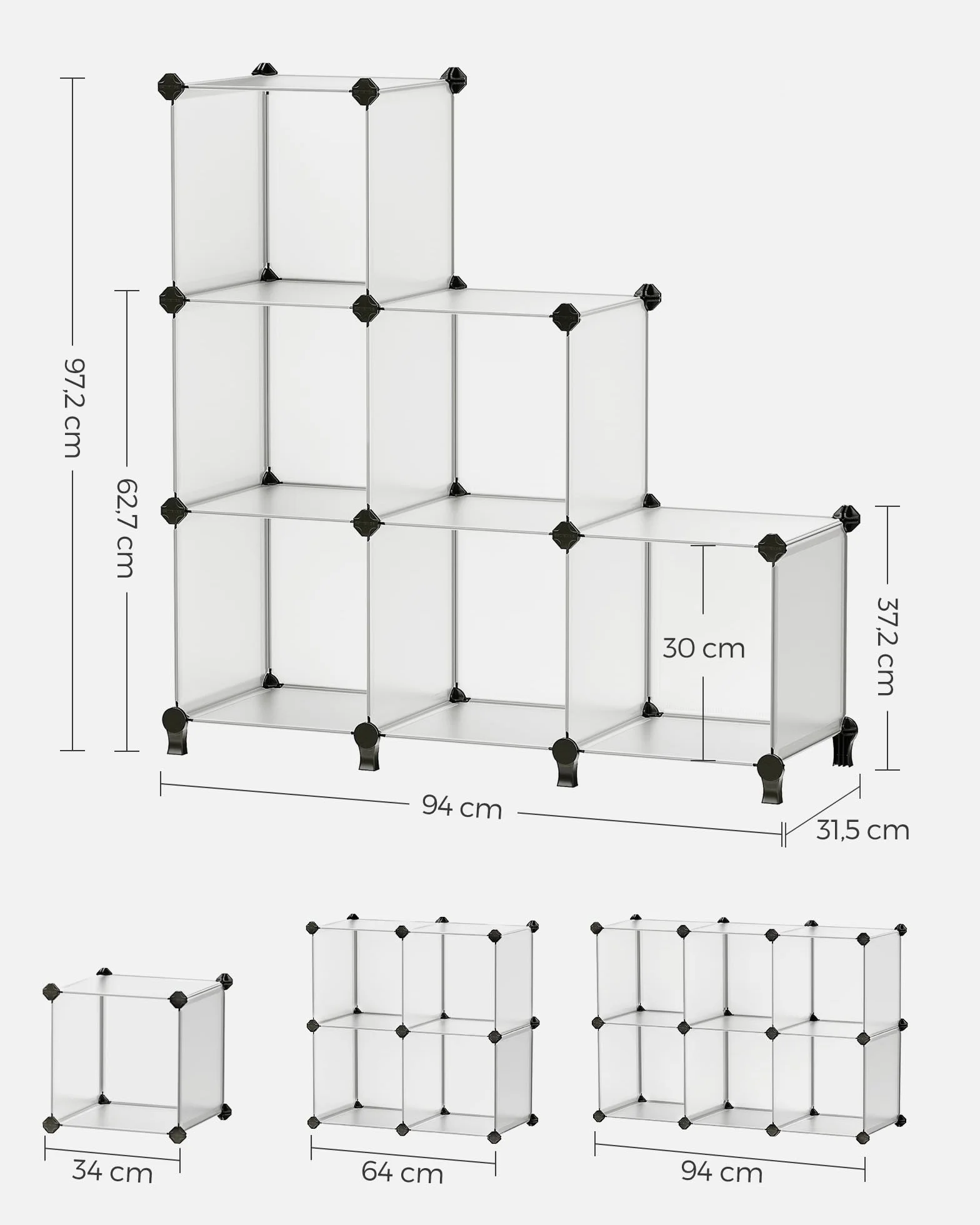 SONGMICS Scaffale a 6 Cubi, Organizzatore Modulare, Portaoggetti in Plastica con Piedini, Scarpiera, Cubo 30 x 30 x 30 cm, Soggiorno, Camera da Letto, Martello di Gomma, Bianco LPC111S