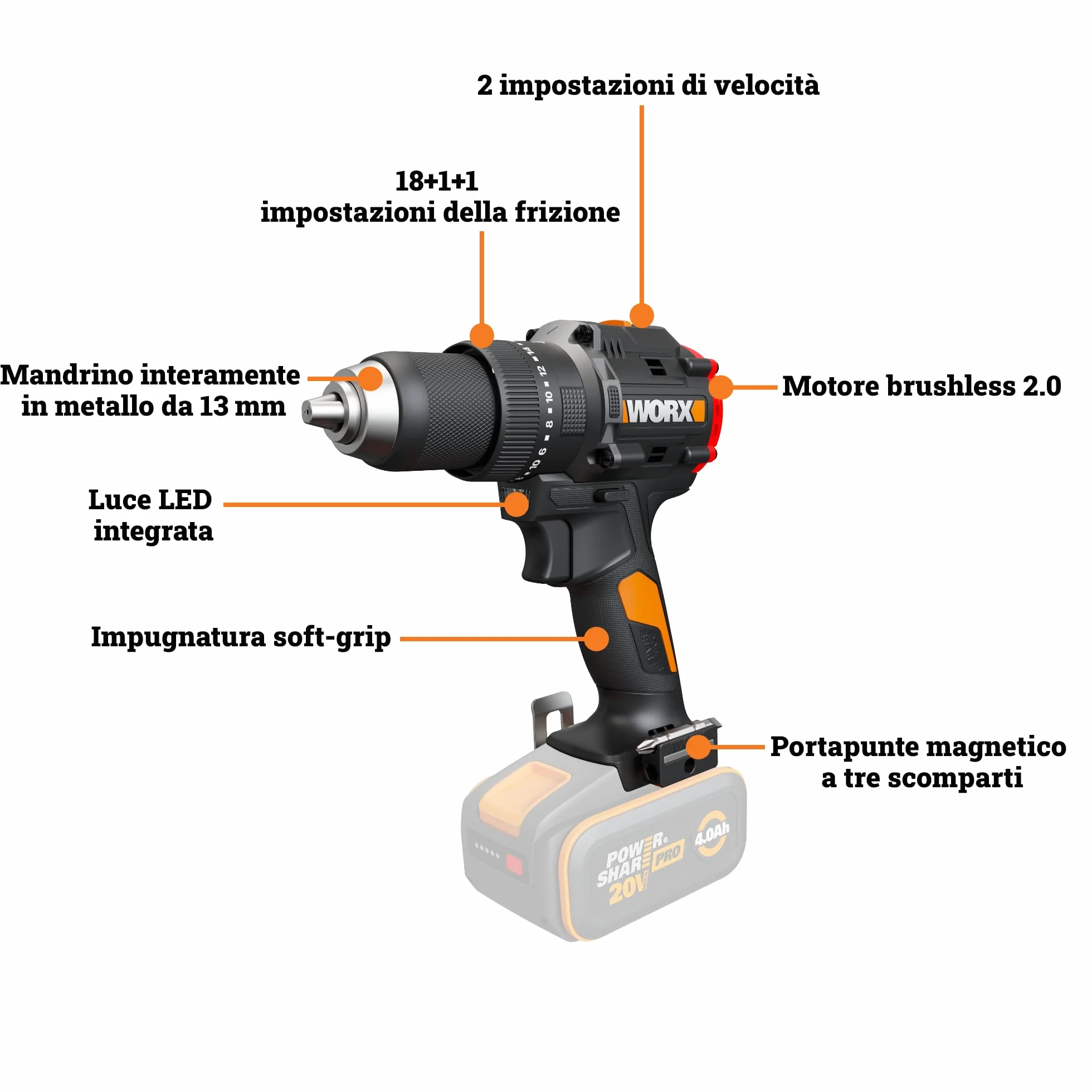 WORX WX356.9 - Trapano avvitatore a percussione a batteria, 20 V, coppia 85 Nm, motore brushless, compatto e leggero, foratura e viti rapide, senza batteria e caricatore