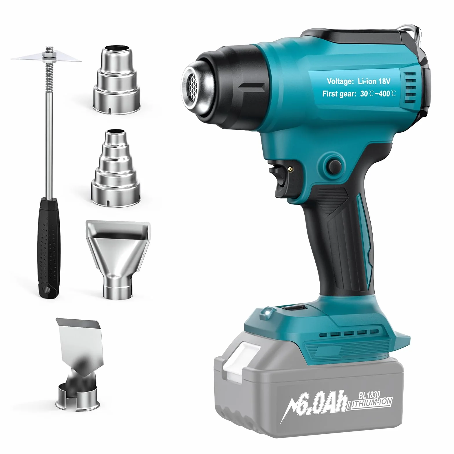 Pistola ad aria calda senza fili per batteria Makita da 18 V (senza batteria) pistola termica per saldatura, piegatura dei tubi, rimozione del colore, pistola termica con 4 ugelli.