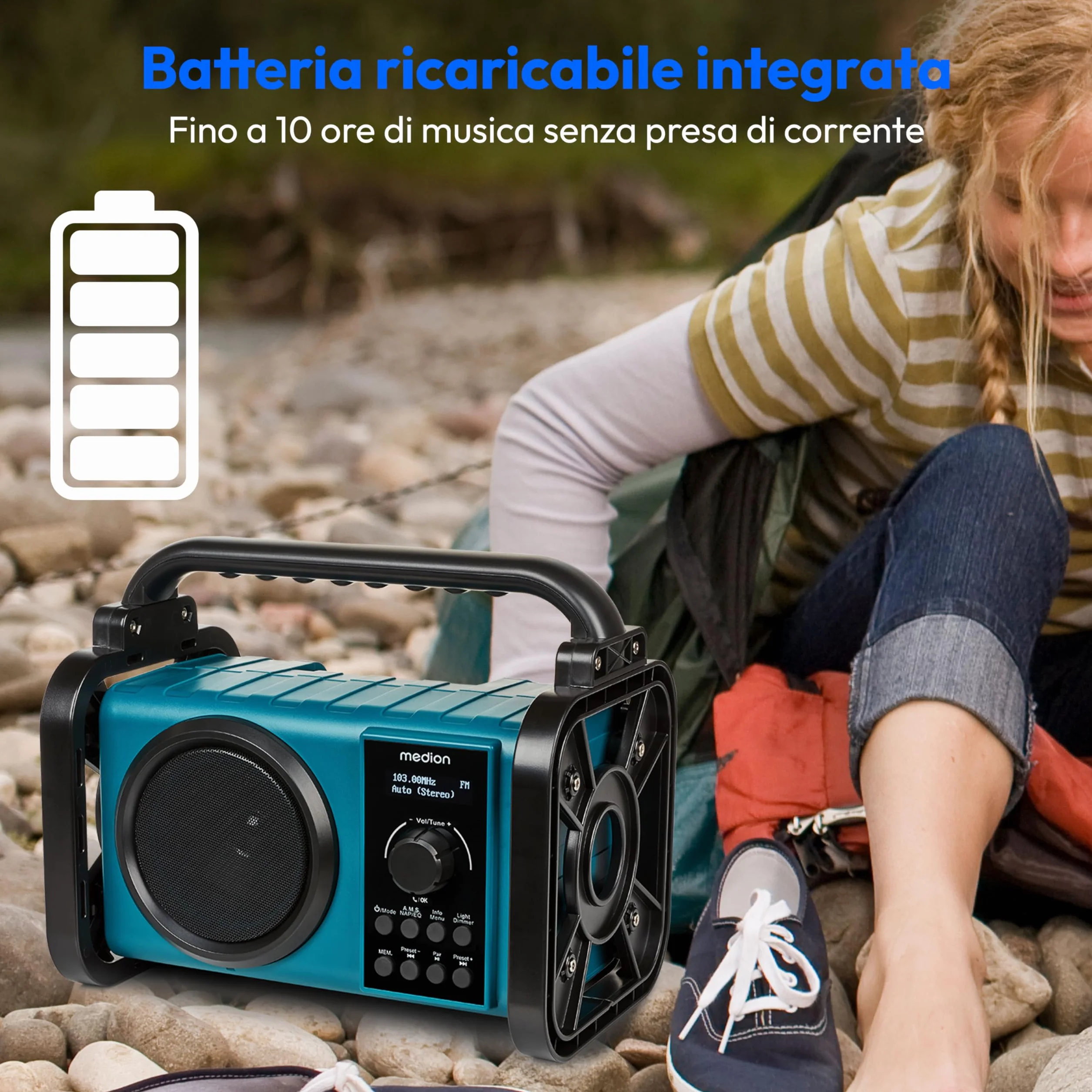 MEDION E66877 Radio da cantiere DAB+ (custodia robusta, resistente agli spruzzi (IP44), Bluetooth 5.0, radio FM PLL, luce di lavoro a LED, funzionamento a batteria e a rete) blu