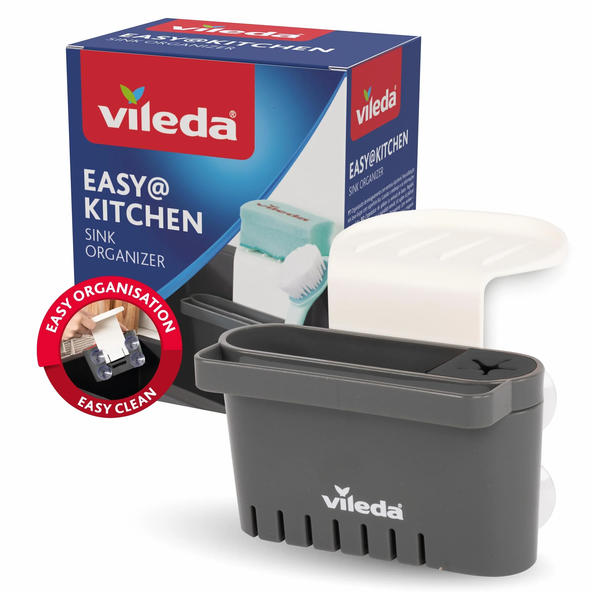 Vileda Portaspugna per Lavello con Ventosa – Organizer Lavandino Senza Foratura per Spugne, Spazzole e Detersivo – Drenaggio Acqua – Grigio Scuro