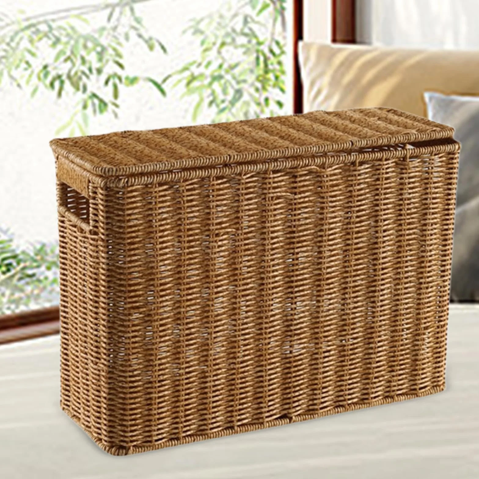 MagiDeal Contenitore portaoggetti stretto e alto, porta riviste intrecciato con coperchio, cestino portatile stretto, portadocumenti stretto per il bagno, L