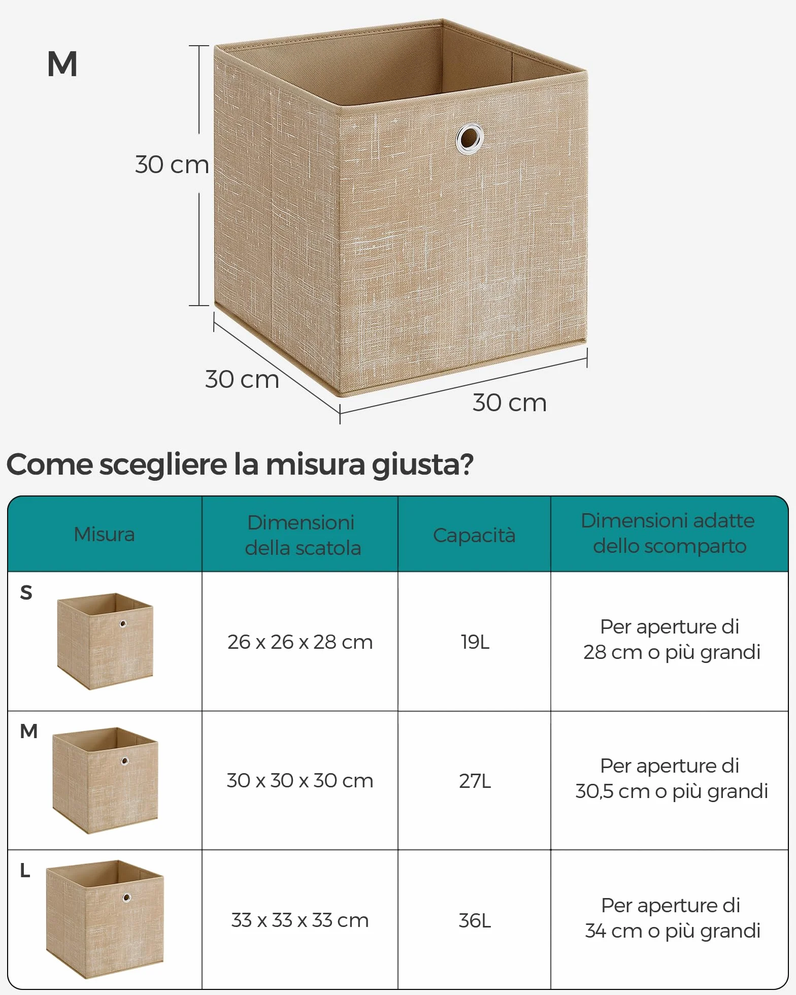SONGMICS Scatole Portaoggetti Set di 6 Contenitori in Tessuto Non Tessuto 30x30x30 cm Pieghevoli Beige Sabbia