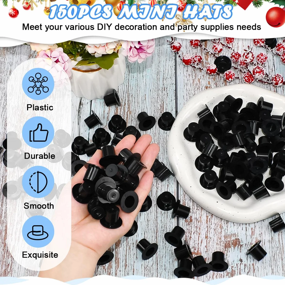 Cappello in Plastica Nero 150 Pezzi LANSKYLAN - Mini Cappellini da Mago, Cilindri in Miniatura per Decorazione Natalizie