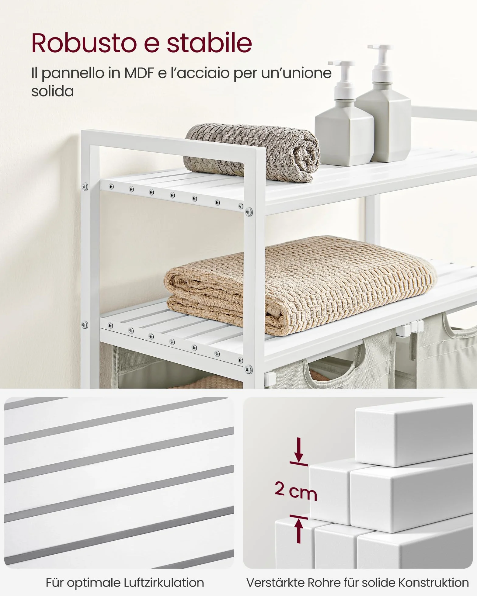 VASAGLE Cesto Portabiancheria, Porta Biancheria con 2 Sacchi Estraibili e Rimovibili, 2 Ripiani Portaoggetti, 46L per Sacco, per Bagno, Lavanderia, Bianco BLH211W01
